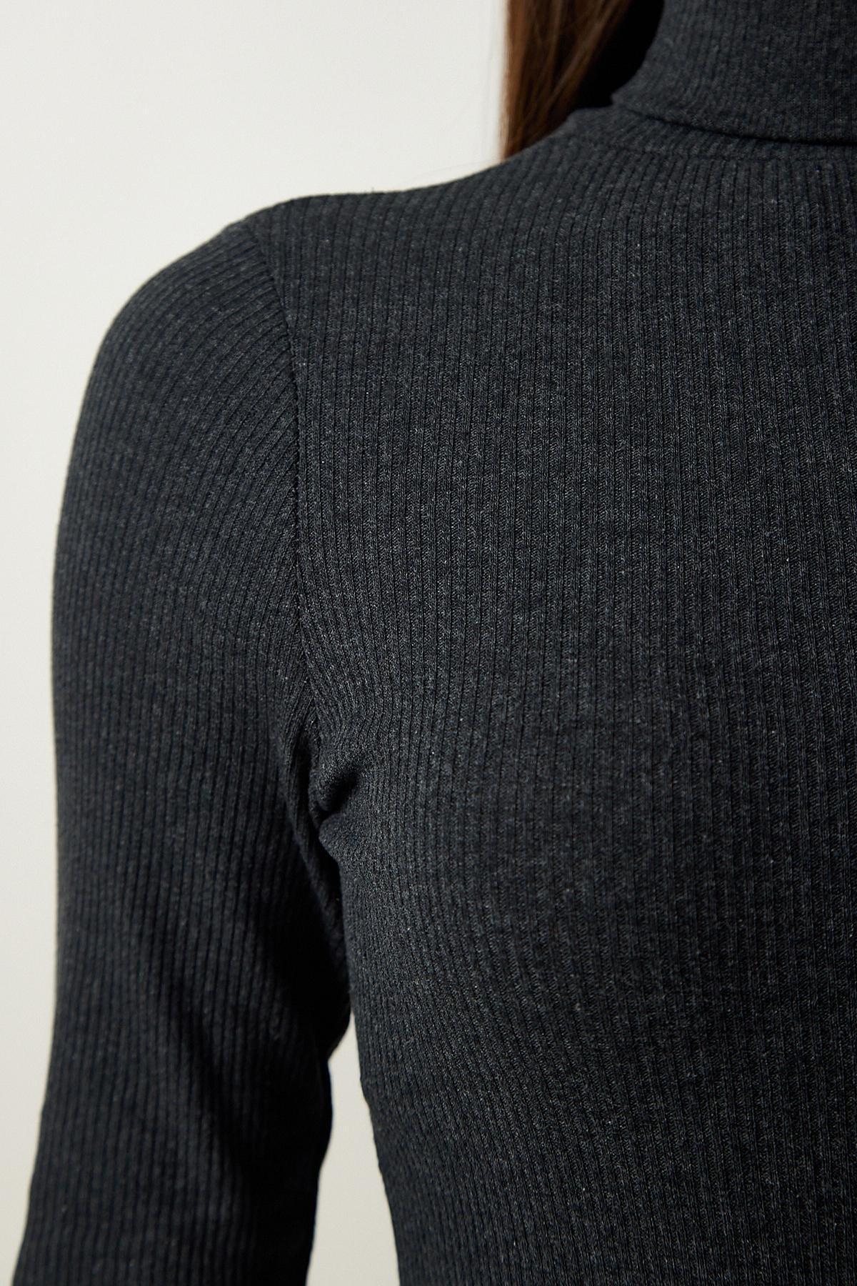 Grey Turtleneck Ribbed Knitted Dress, , large image number 3