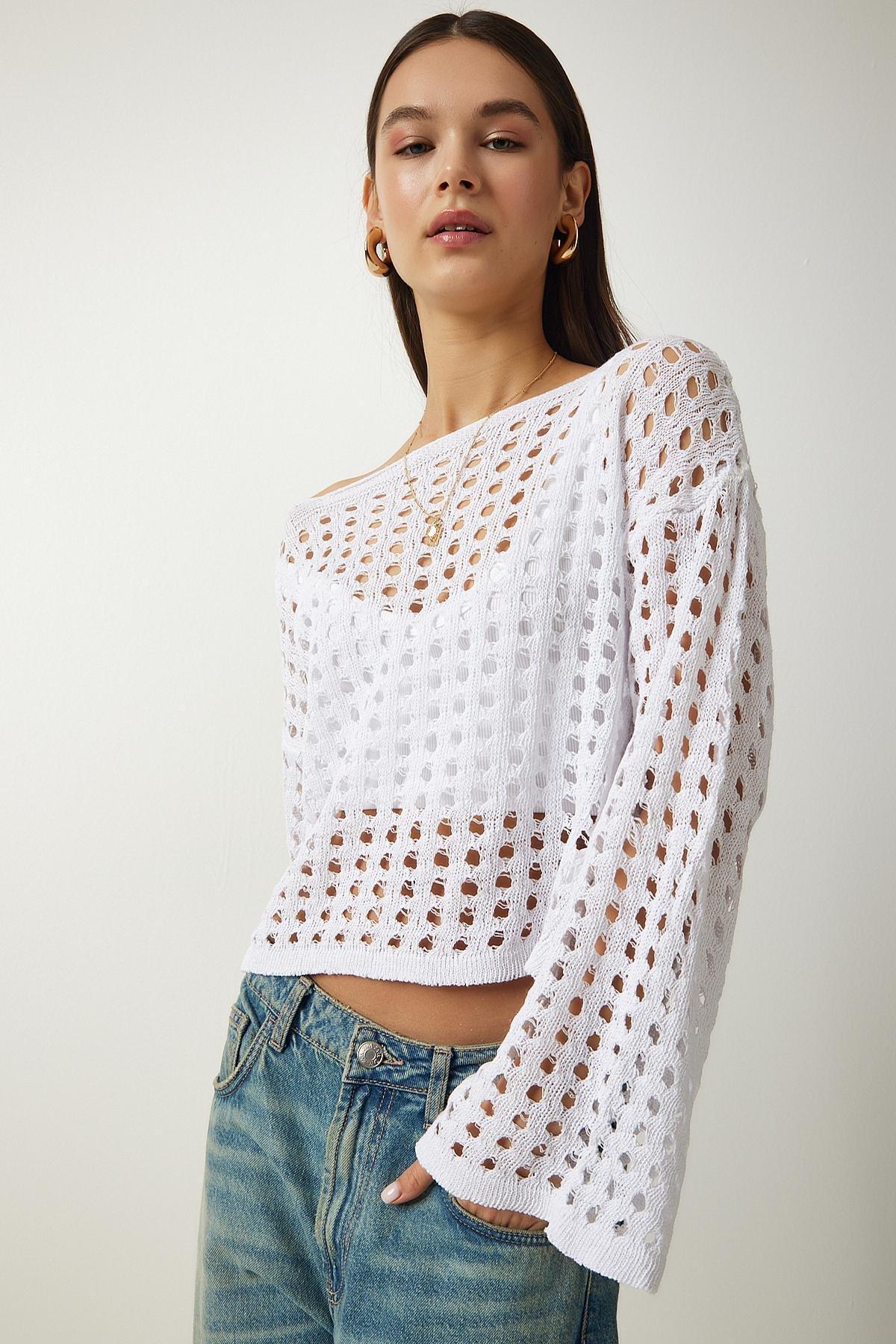 Womens White Openwork Crop Knitwear Sweater AS00027, single, White, large image number 1