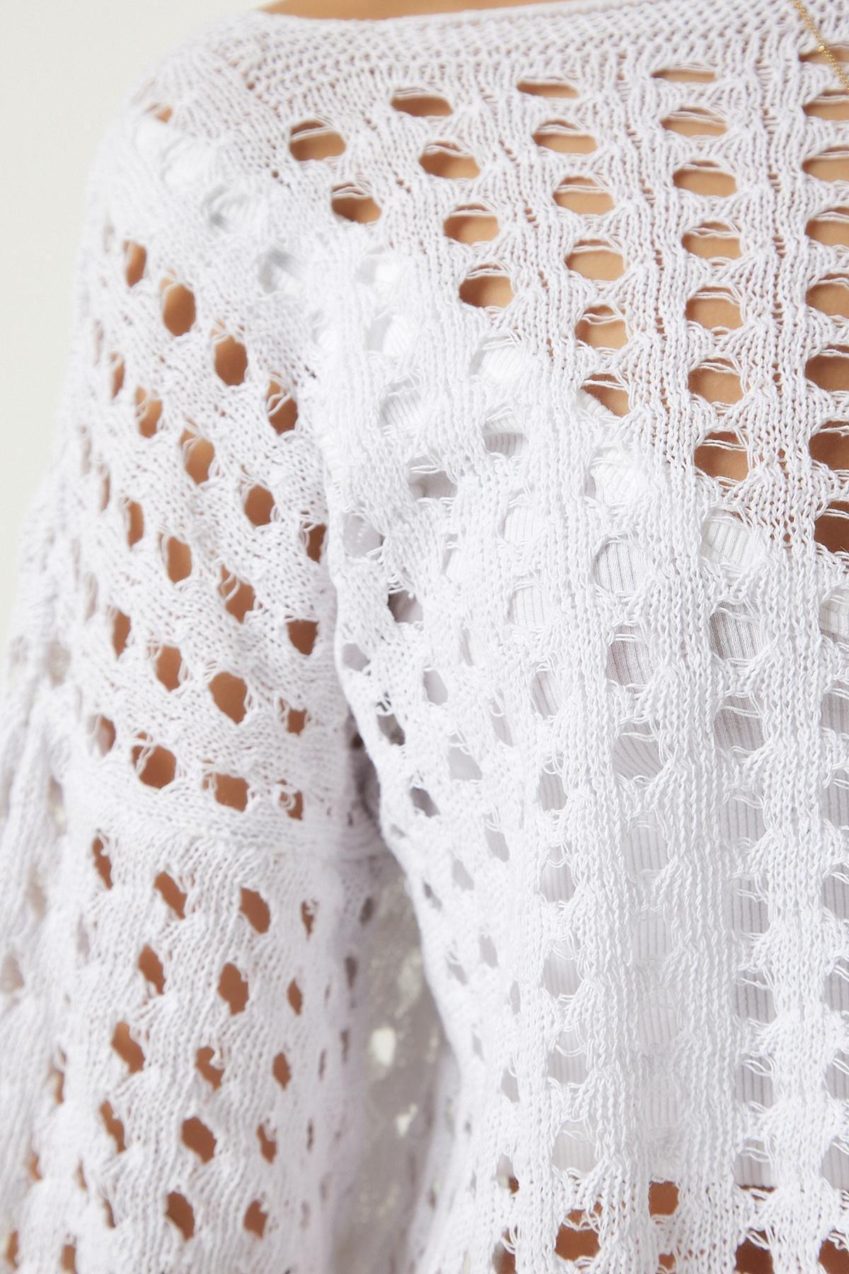 Womens White Openwork Crop Knitwear Sweater AS00027, single, White, large image number 4