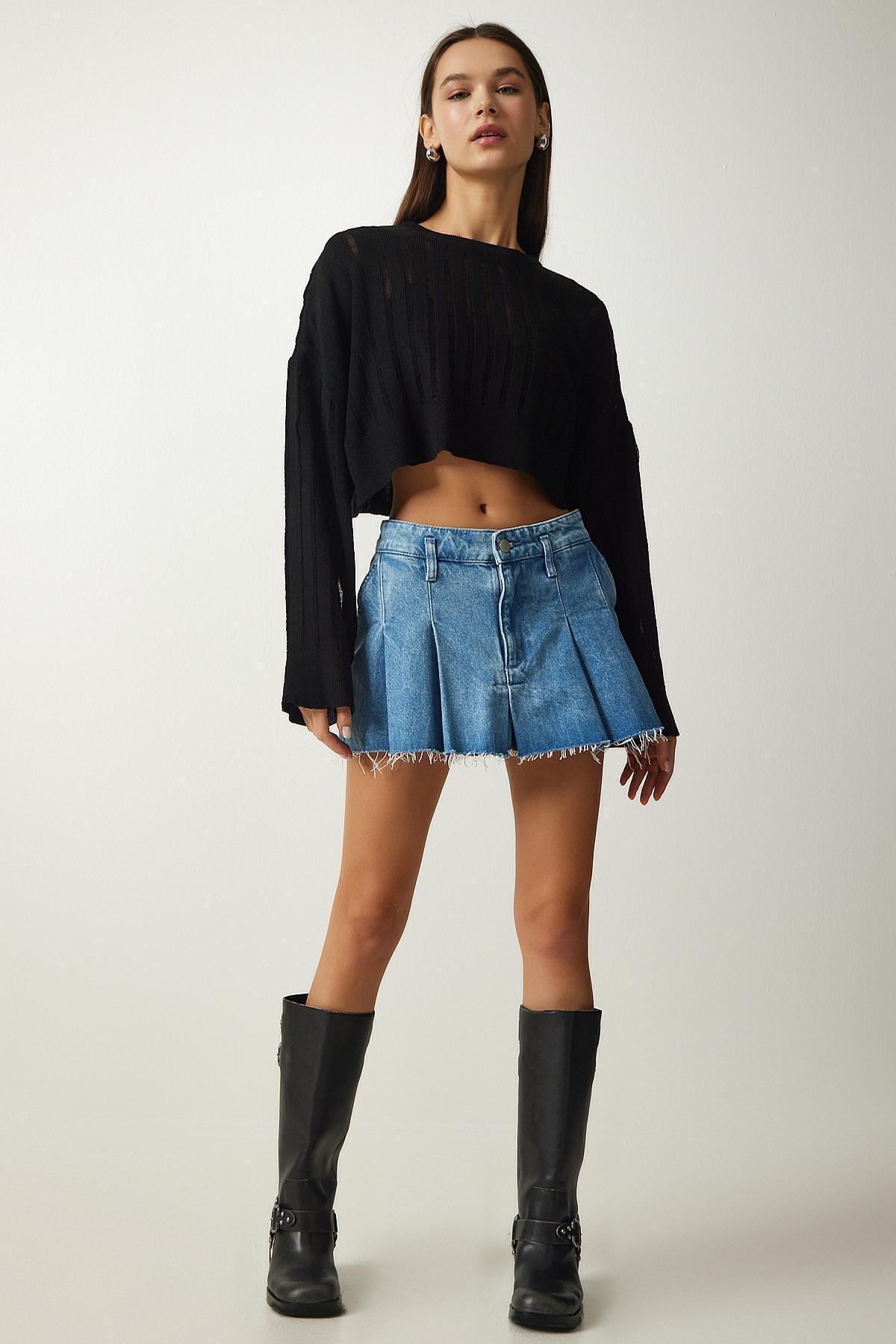 Black Crop Knit Sweater, BLACK, large image number 1
