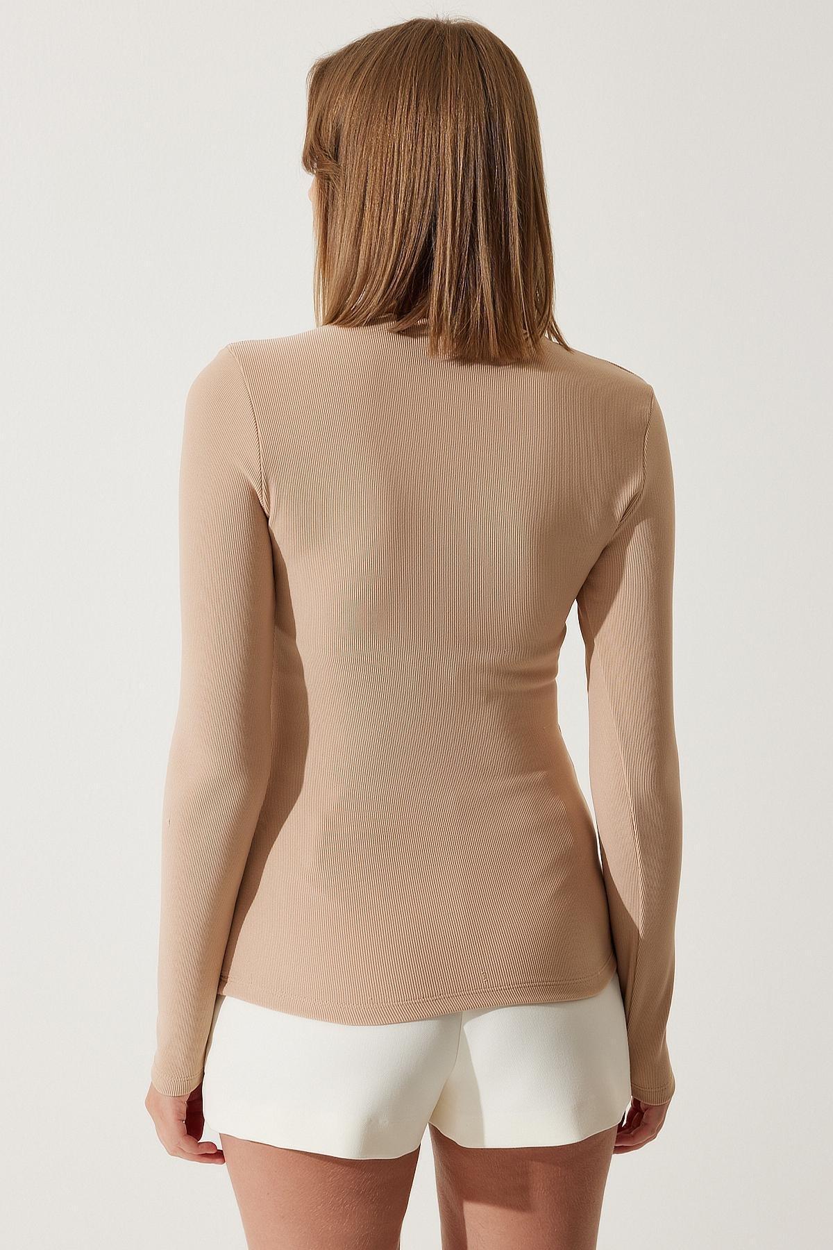 Beige Detailed Ribbed Knitted Blouse, , large image number 4