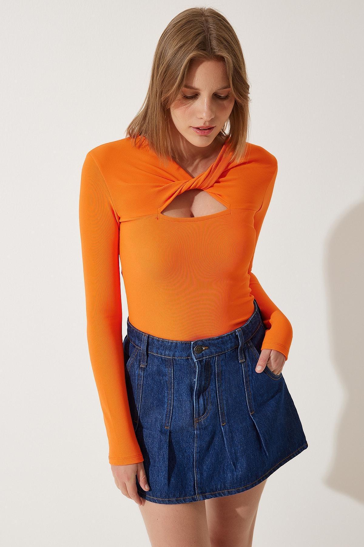 Orange Cut-Out Corded Knit Blouse, Orange, large image number 1