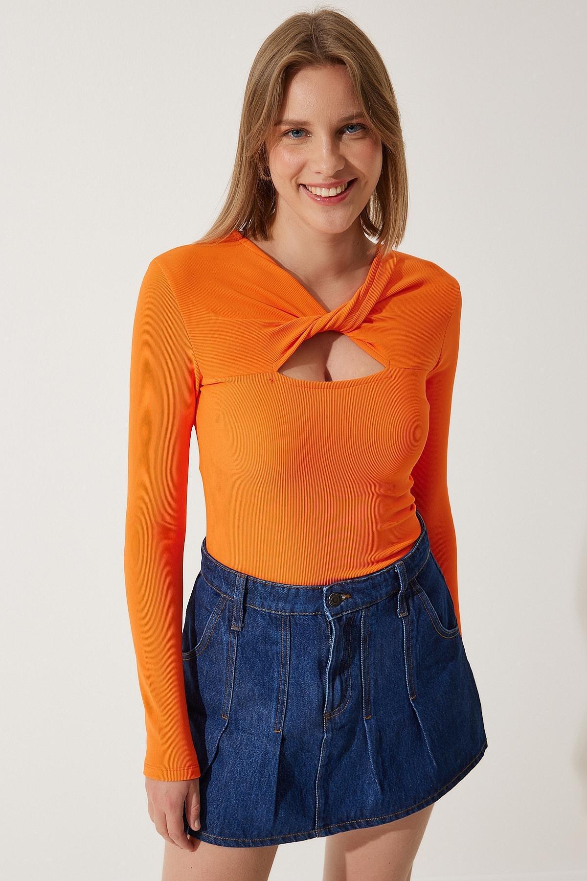 Orange Cut-Out Corded Knit Blouse, Orange, large image number 4