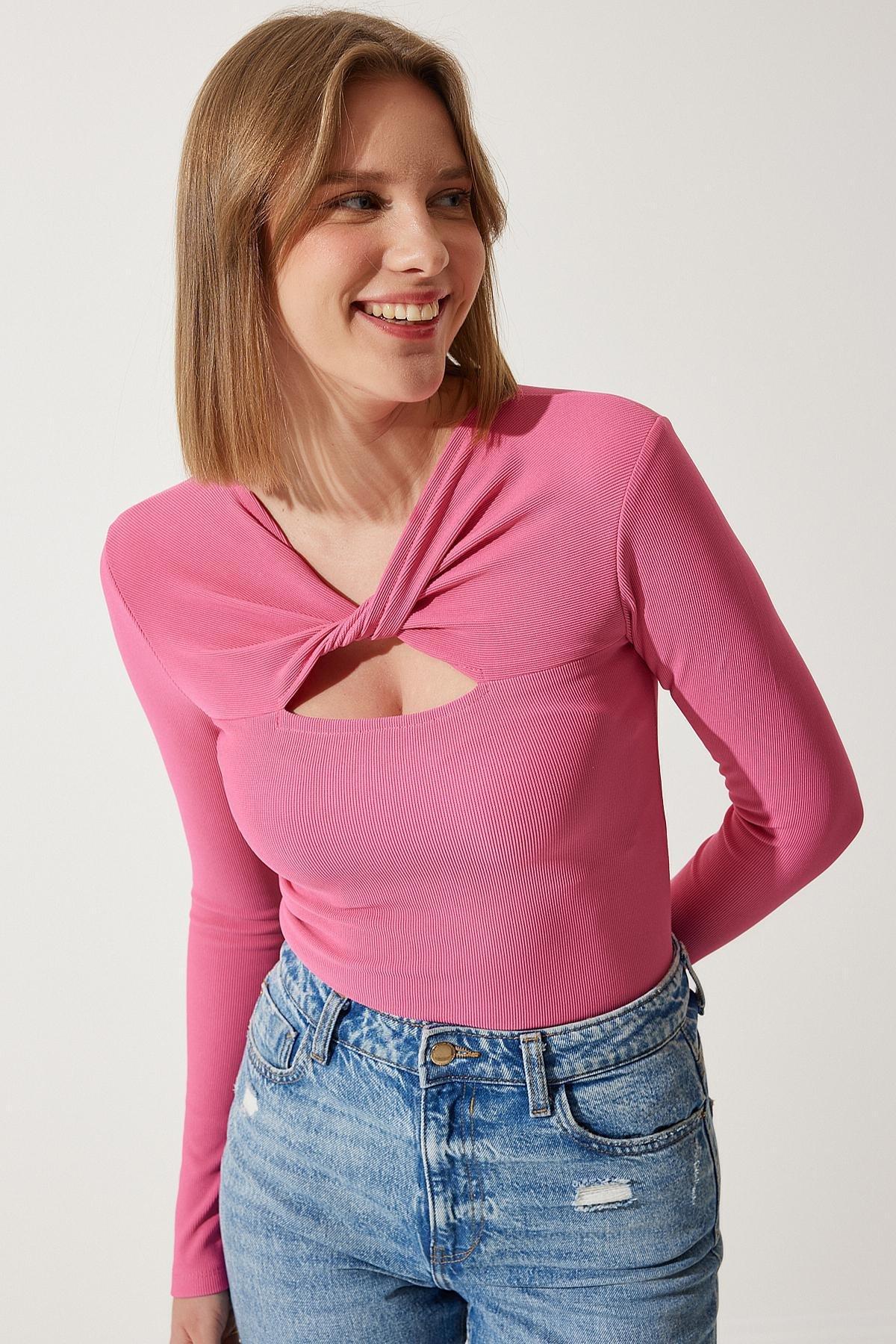 Pink Detailed Ribbed Blouse, , large image number 2