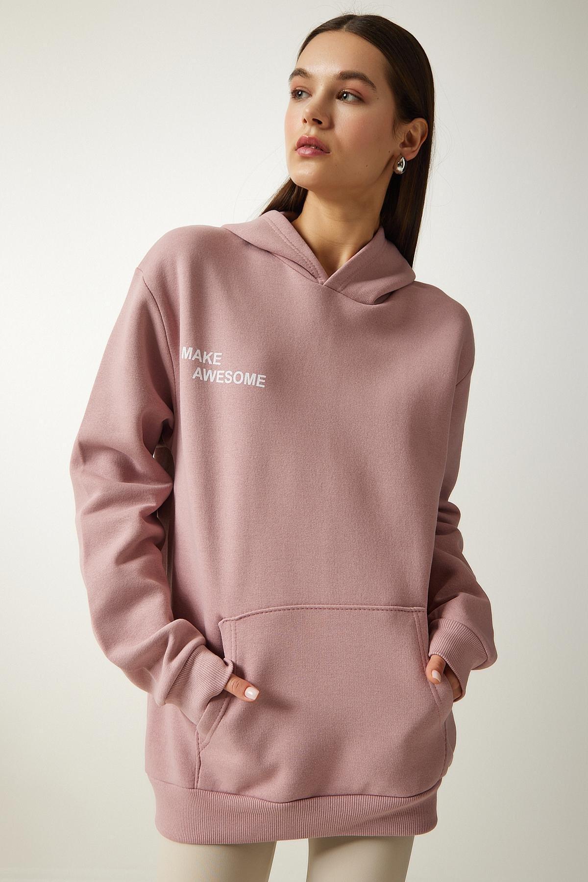 Pink Hooded Raised Knit Sweatshirt, POWDER, large image number 1
