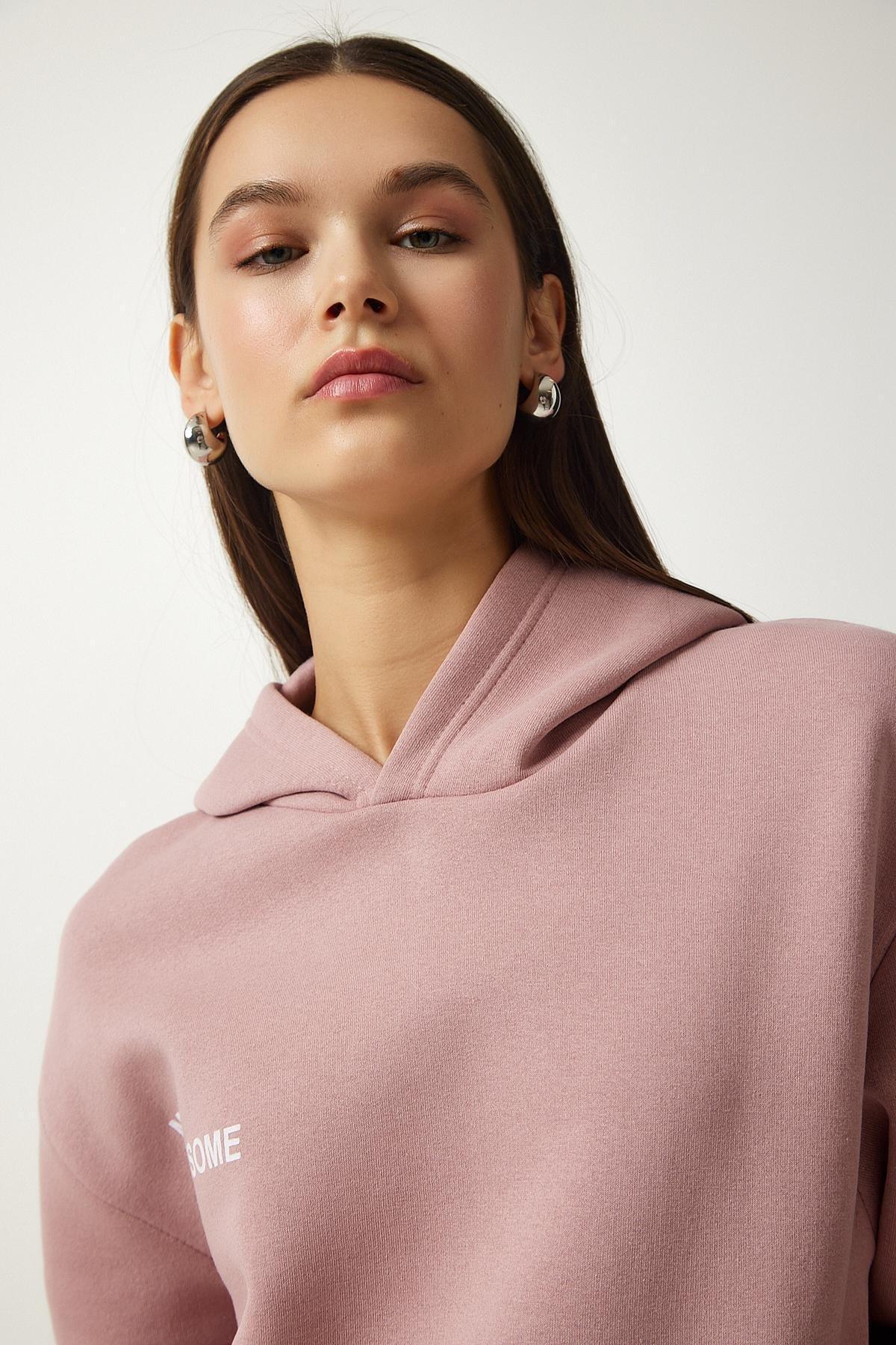Pink Hooded Raised Knit Sweatshirt, POWDER, large image number 2
