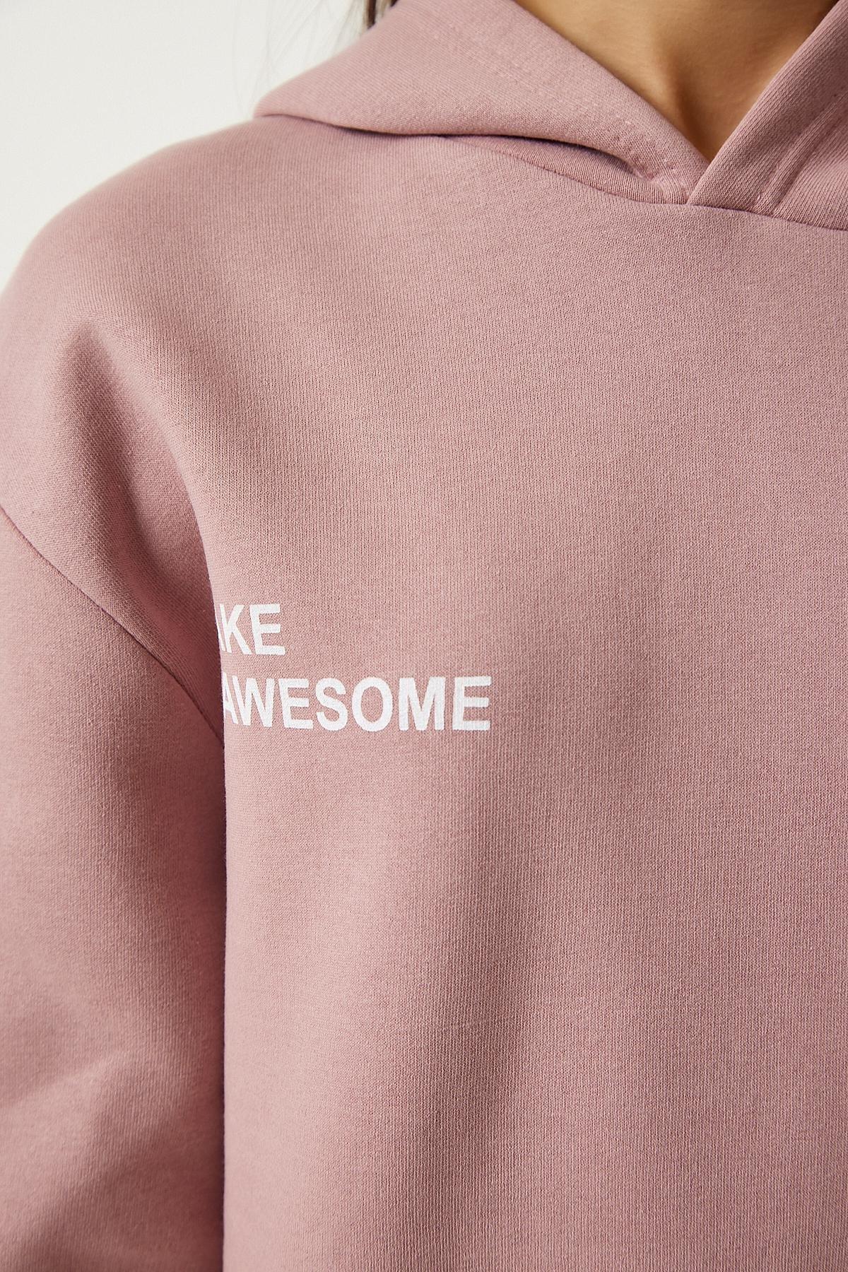 Pink Hooded Raised Knit Sweatshirt, POWDER, large image number 4