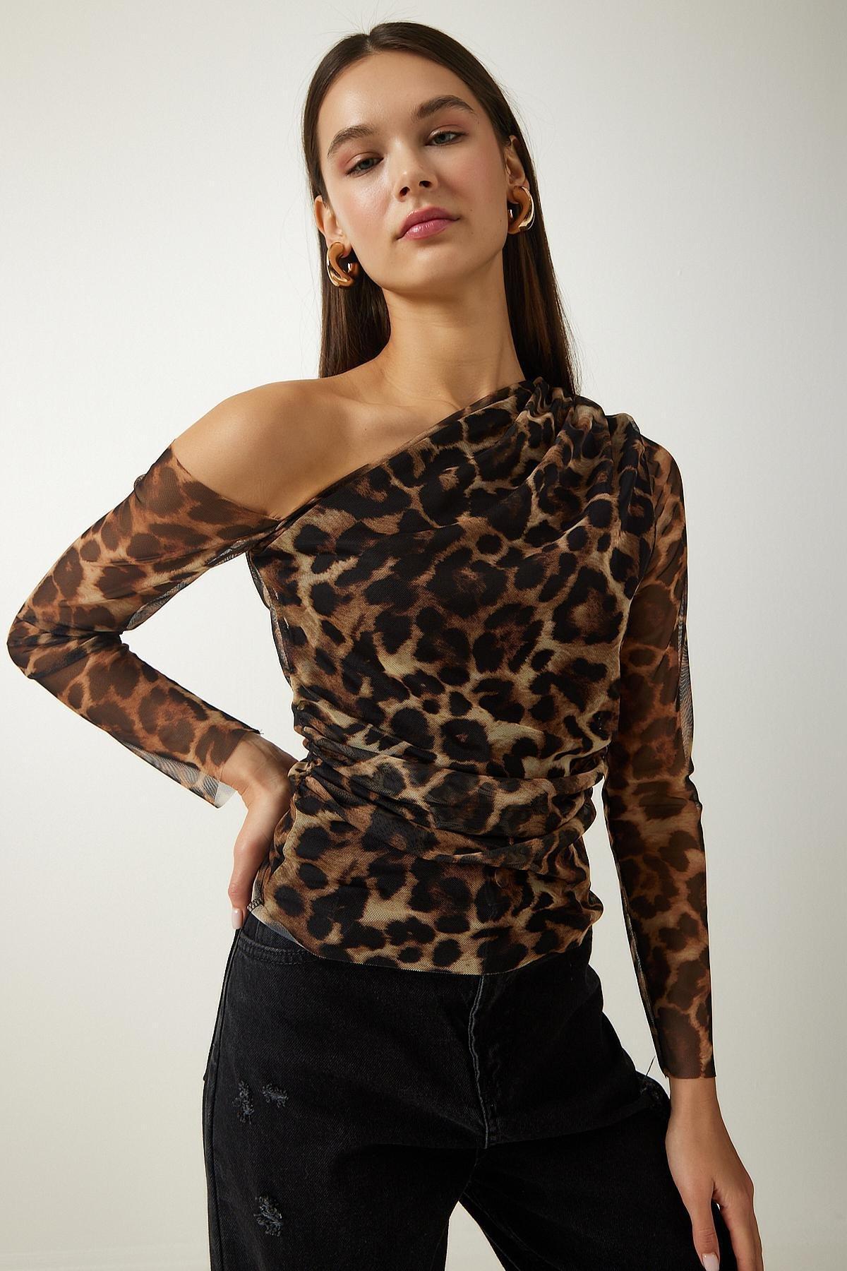 Brown Single Sleeve Gathered Blouse, Brown, large image number 0