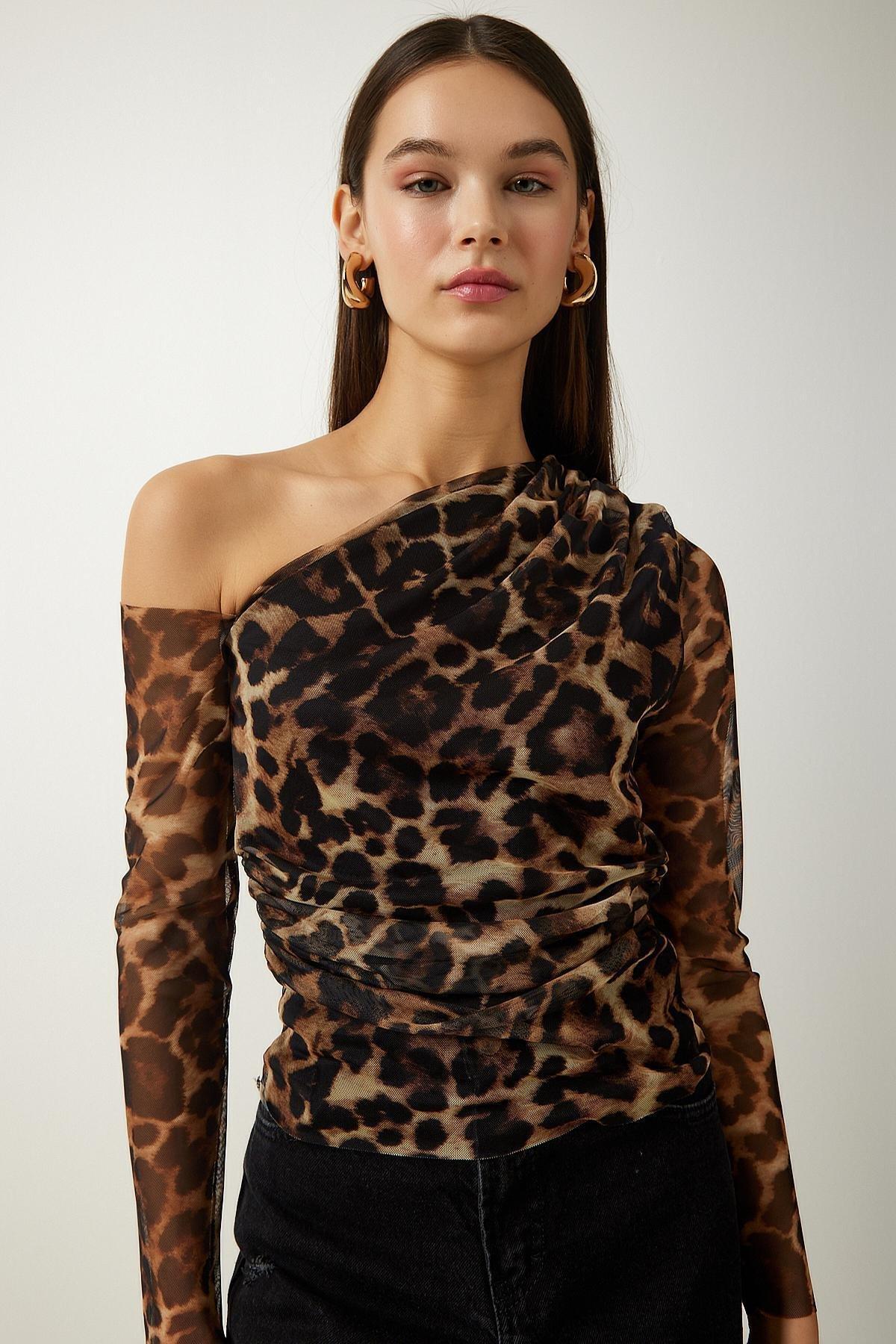 Brown Single Sleeve Gathered Blouse, Brown, large image number 1