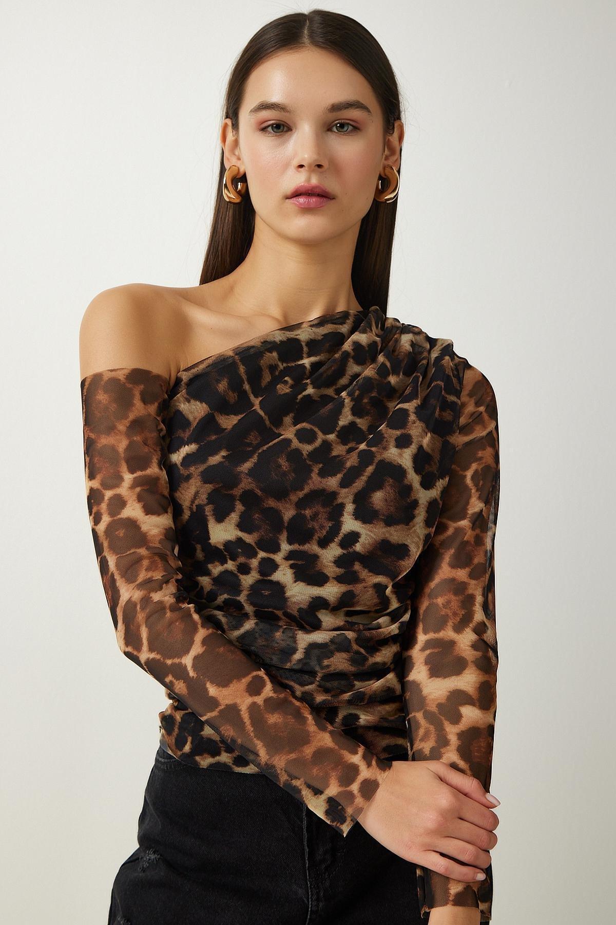 Brown Single Sleeve Gathered Blouse, Brown, large image number 2