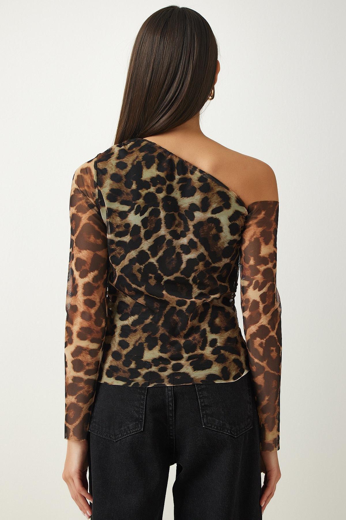 Brown Single Sleeve Gathered Blouse, Brown, large image number 4