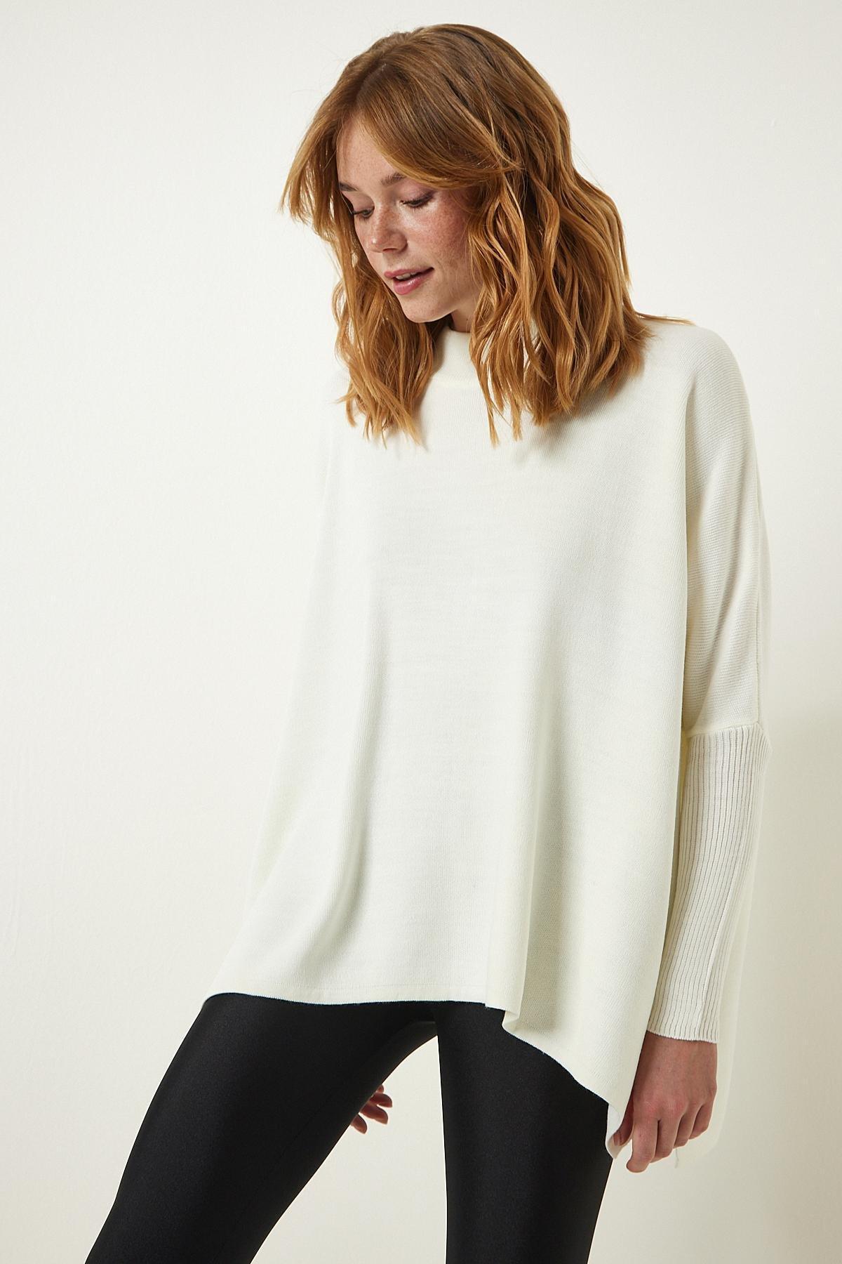 Beige High Neck Knitted Poncho Sweater, Bone, large image number 1