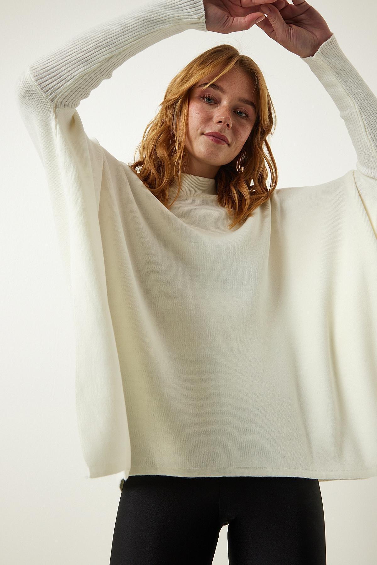 Beige High Neck Knitted Poncho Sweater, Bone, large image number 2