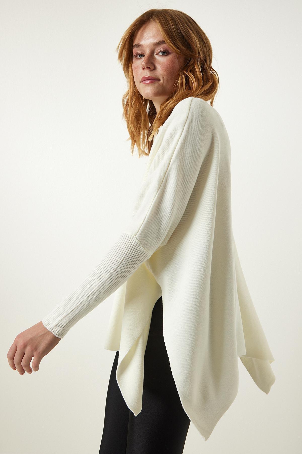 Beige High Neck Knitted Poncho Sweater, Bone, large image number 3