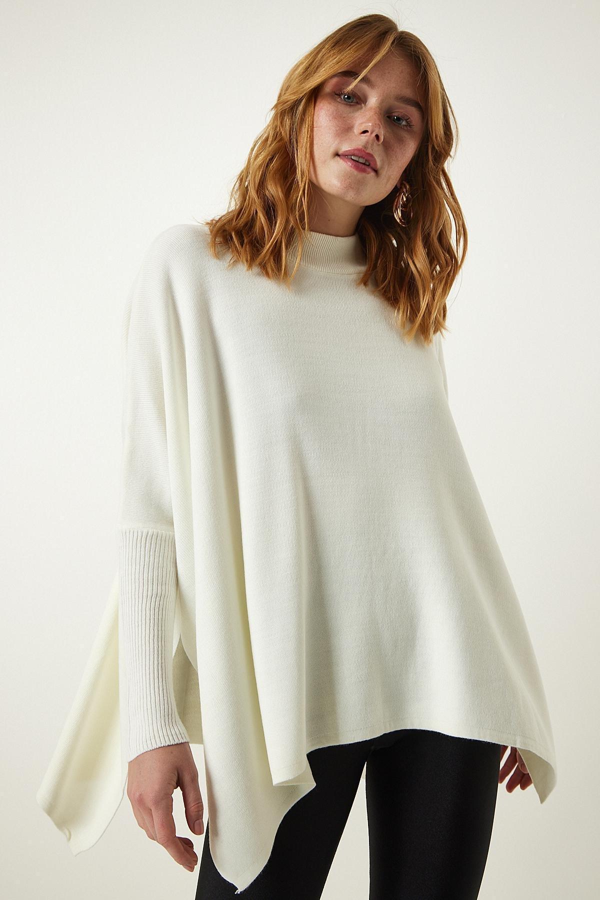 Beige High Neck Knitted Poncho Sweater, Bone, large image number 4