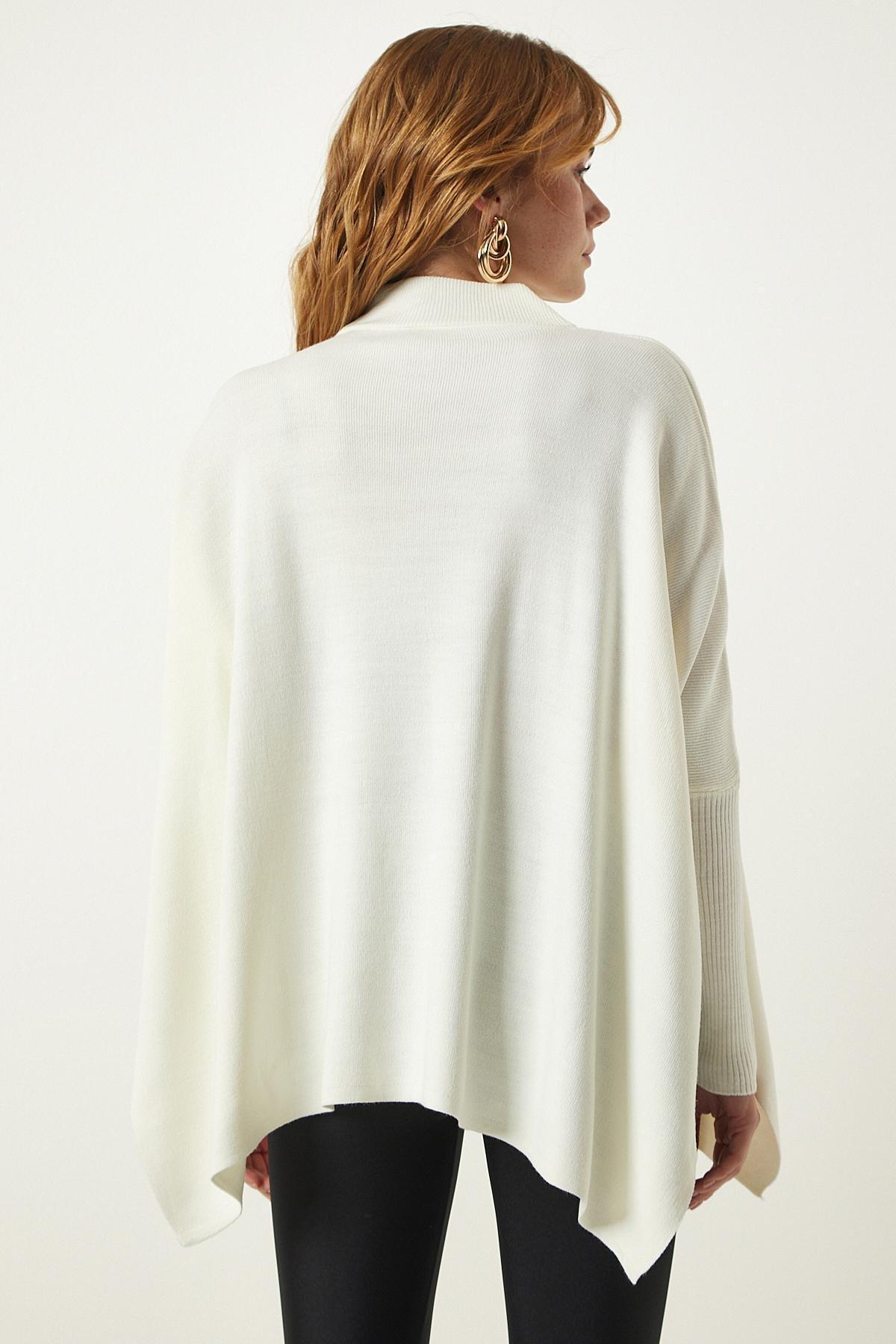 Beige High Neck Knitted Poncho Sweater, Bone, large image number 5