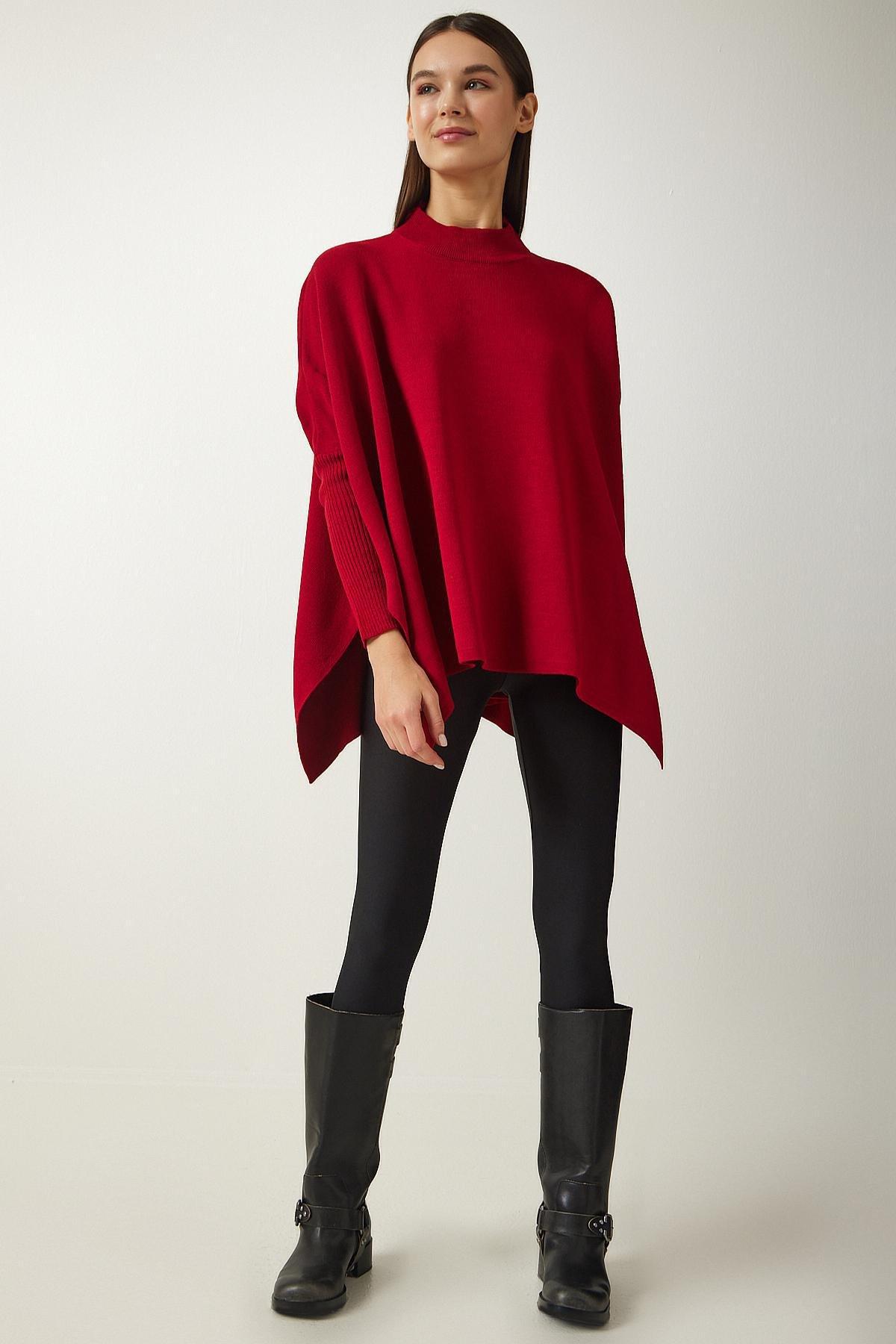 Red High Neck Knitted Poncho Sweater, , large image number 0