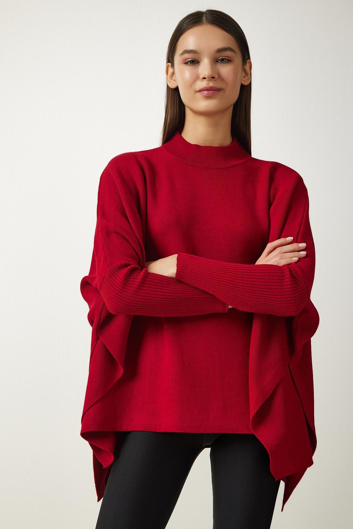 Red High Neck Knitted Poncho Sweater, , large image number 1