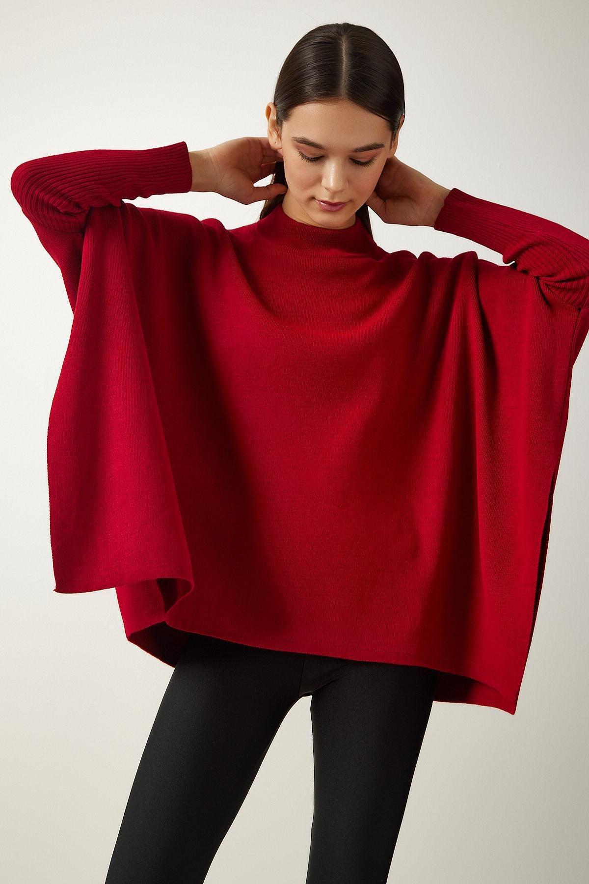 Red High Neck Knitted Poncho Sweater, , large image number 2