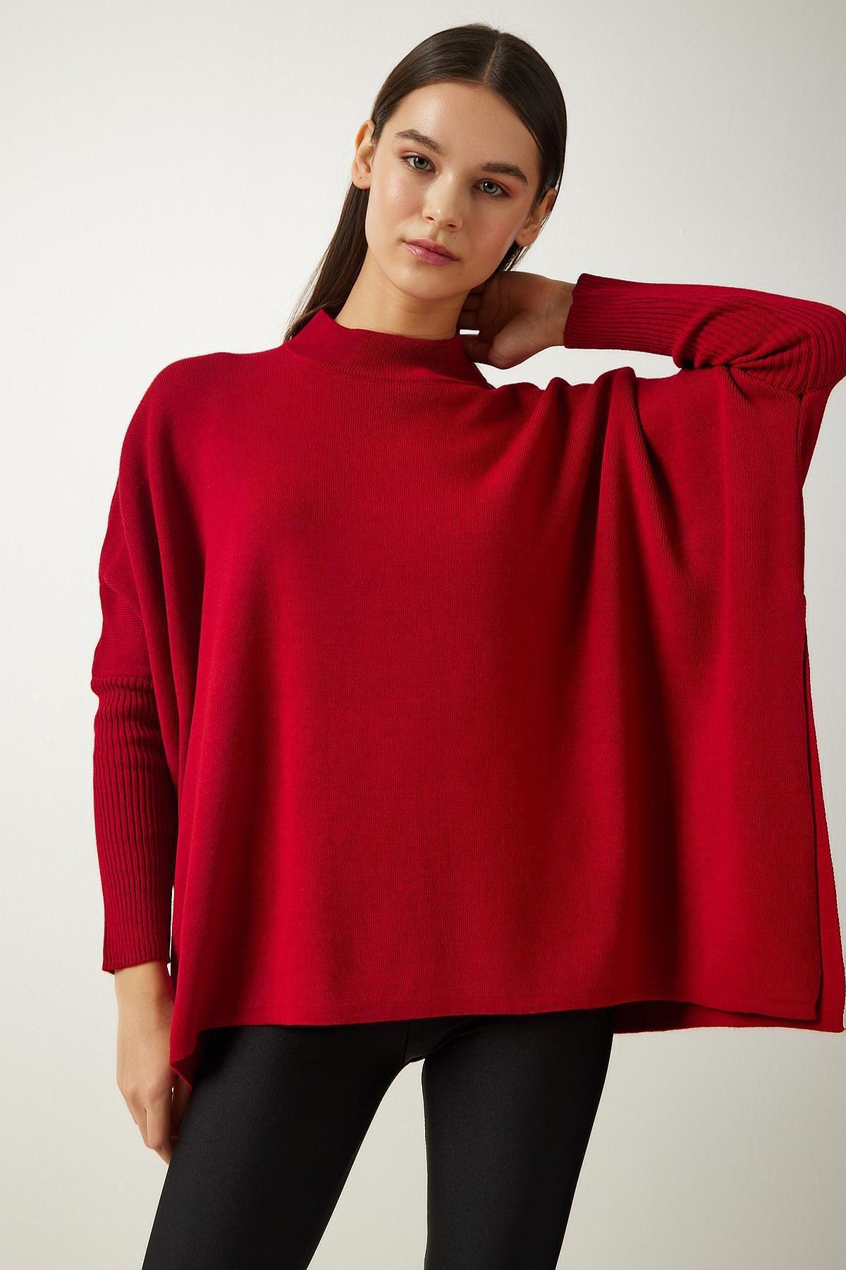 Red High Neck Knitted Poncho Sweater, , large image number 3