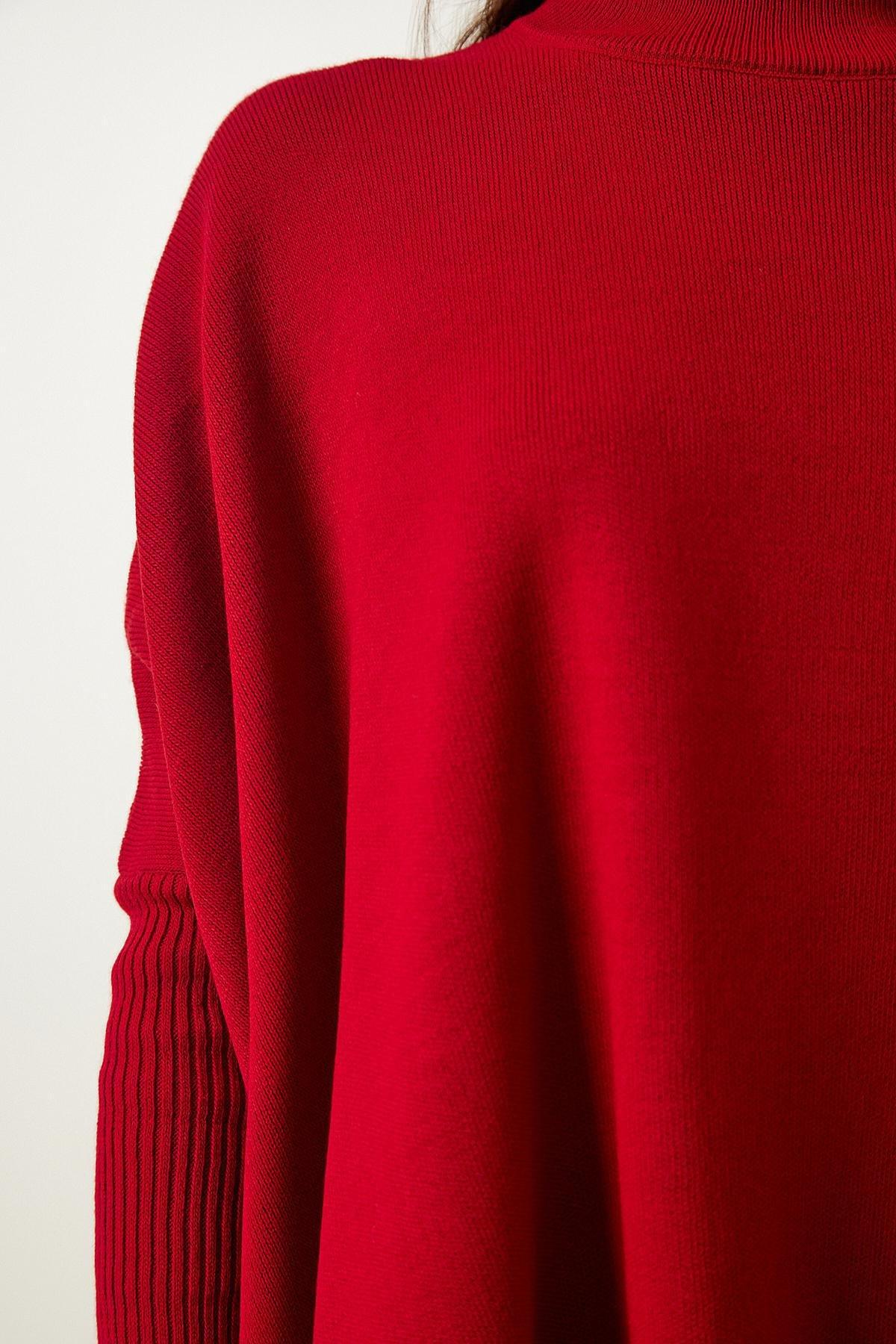 Red High Neck Knitted Poncho Sweater, , large image number 4