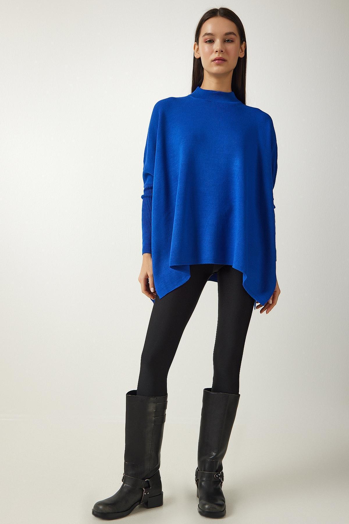 Blue High Neck Knitted Poncho Sweater, , large image number 0