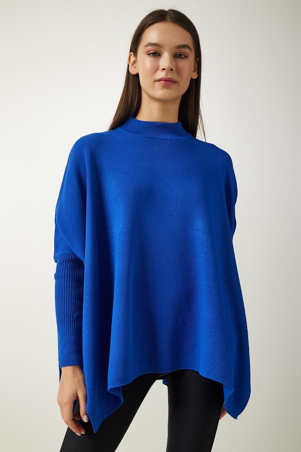 Blue High Neck Knitted Poncho Sweater, , large image number 1