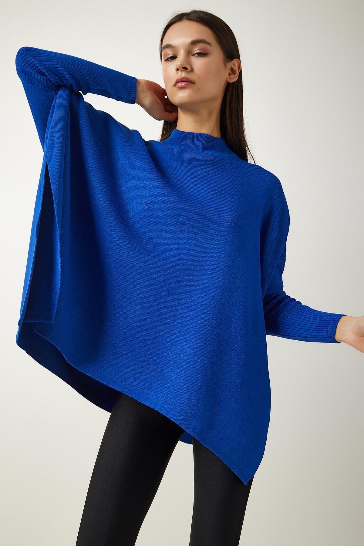 Blue High Neck Knitted Poncho Sweater, , large image number 2