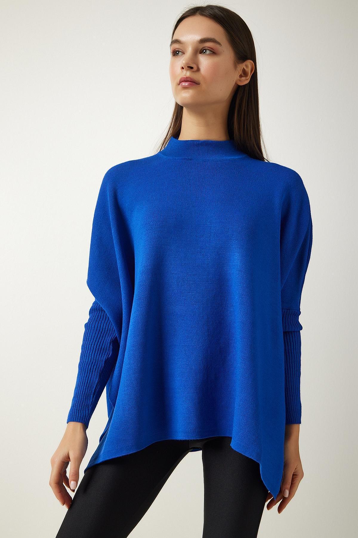 Blue High Neck Knitted Poncho Sweater, , large image number 3