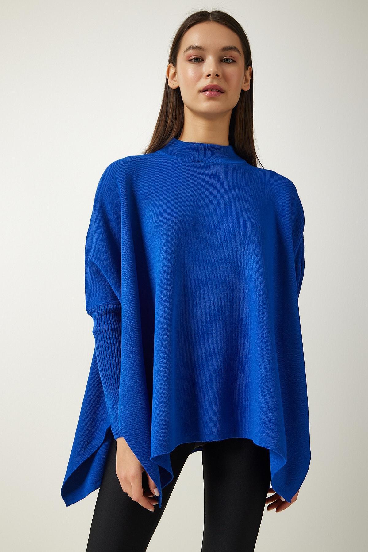 Blue High Neck Knitted Poncho Sweater, , large image number 4