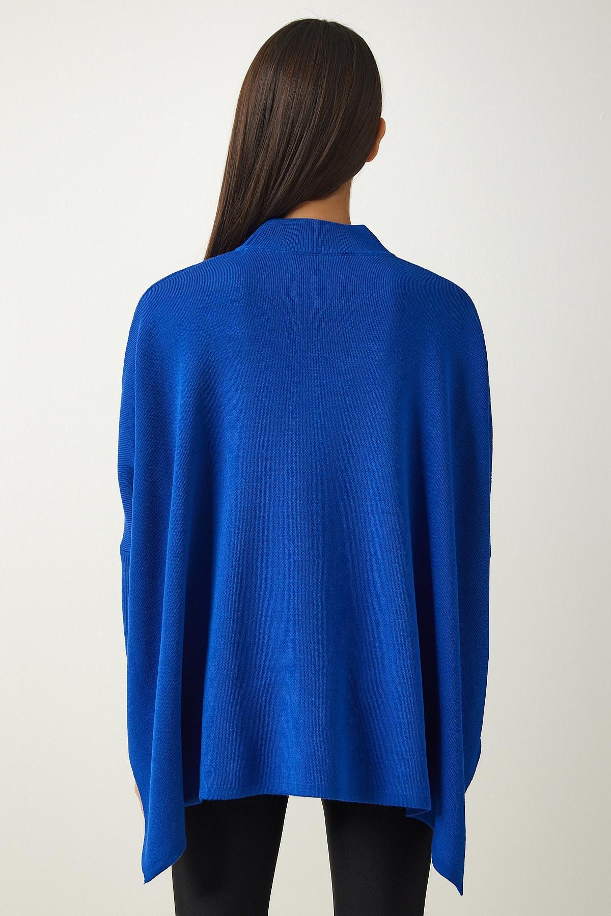 Blue High Neck Knitted Poncho Sweater, , large image number 5