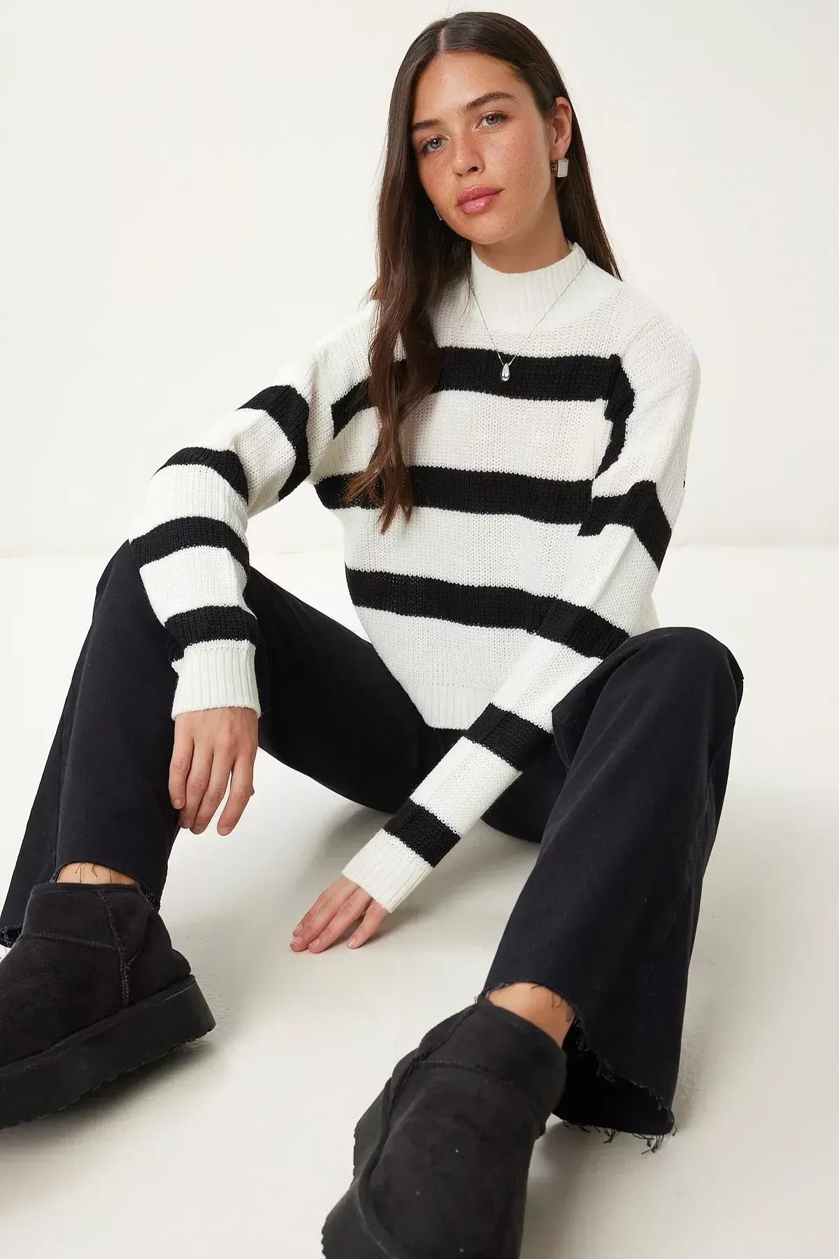 Ecru High Neck Striped Knitted Sweater, Ecru, large image number 0