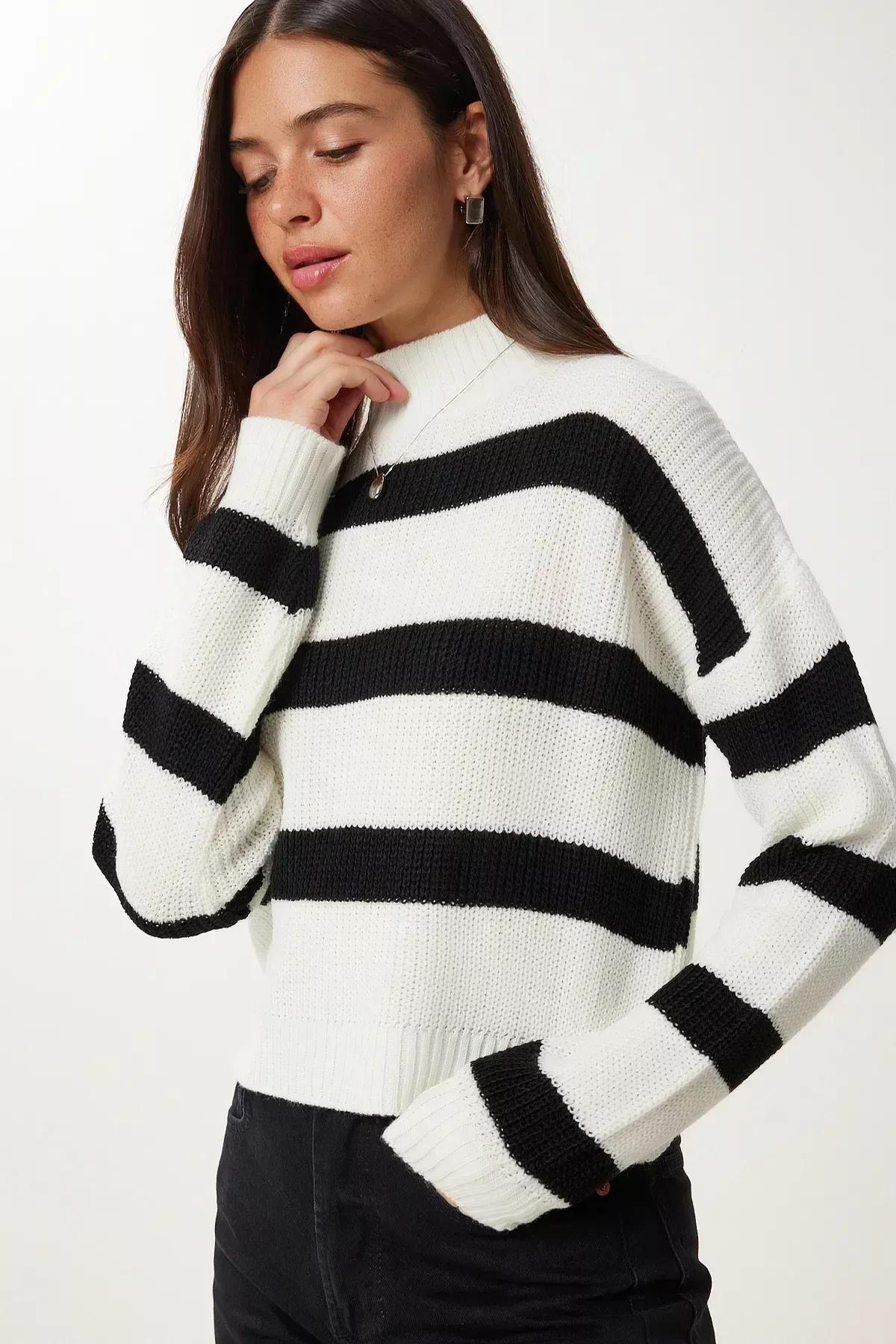 Ecru High Neck Striped Knitted Sweater, Ecru, large image number 1