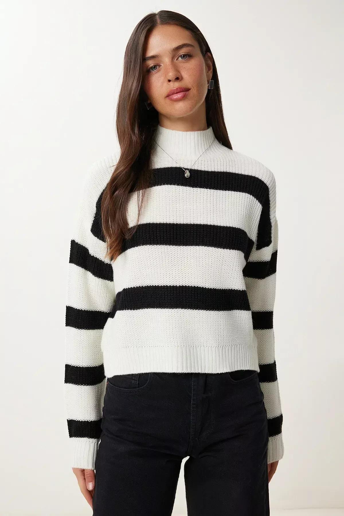 Ecru High Neck Striped Knitted Sweater, Ecru, large image number 2
