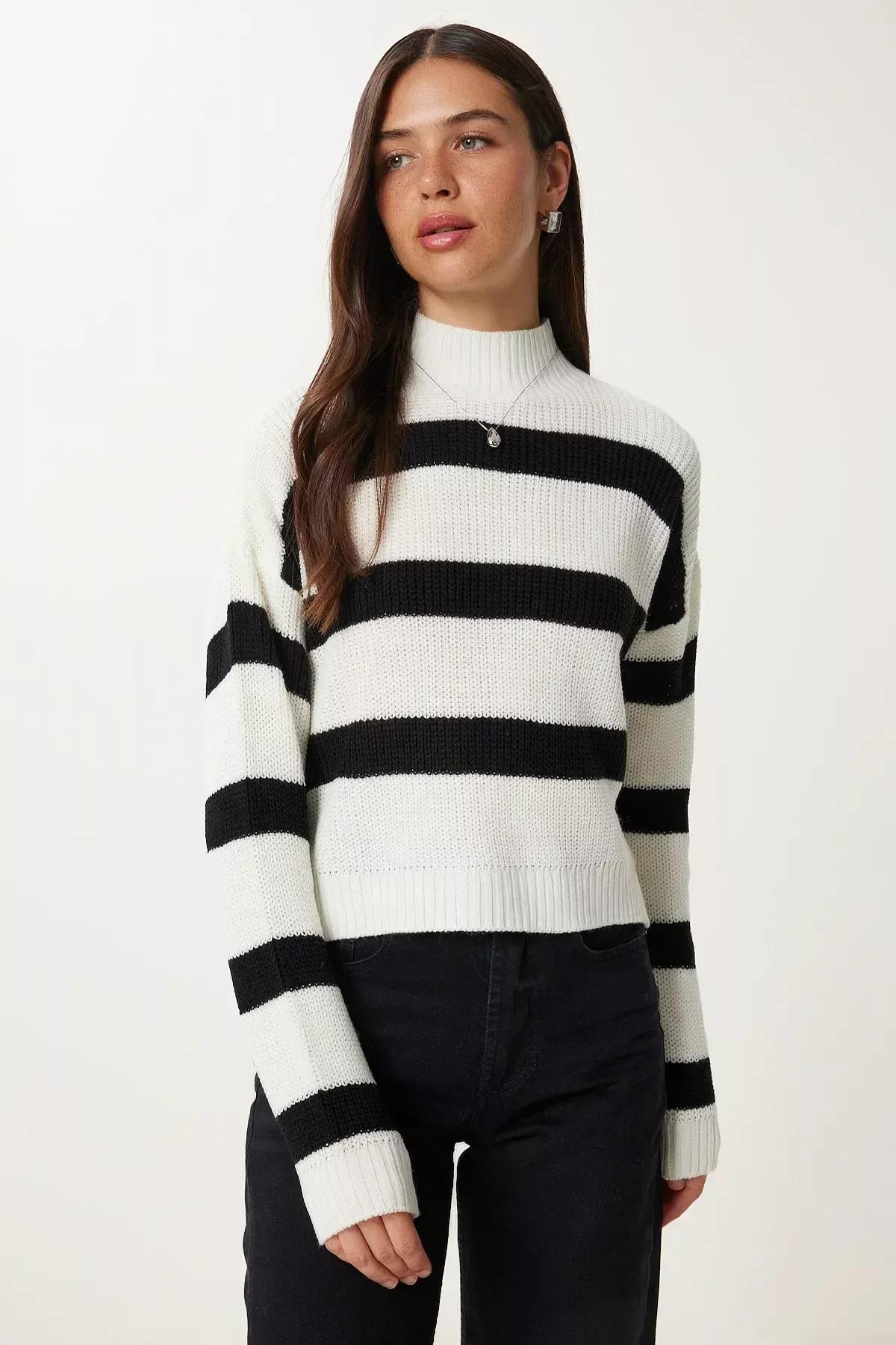 Ecru High Neck Striped Knitted Sweater, Ecru, large image number 3