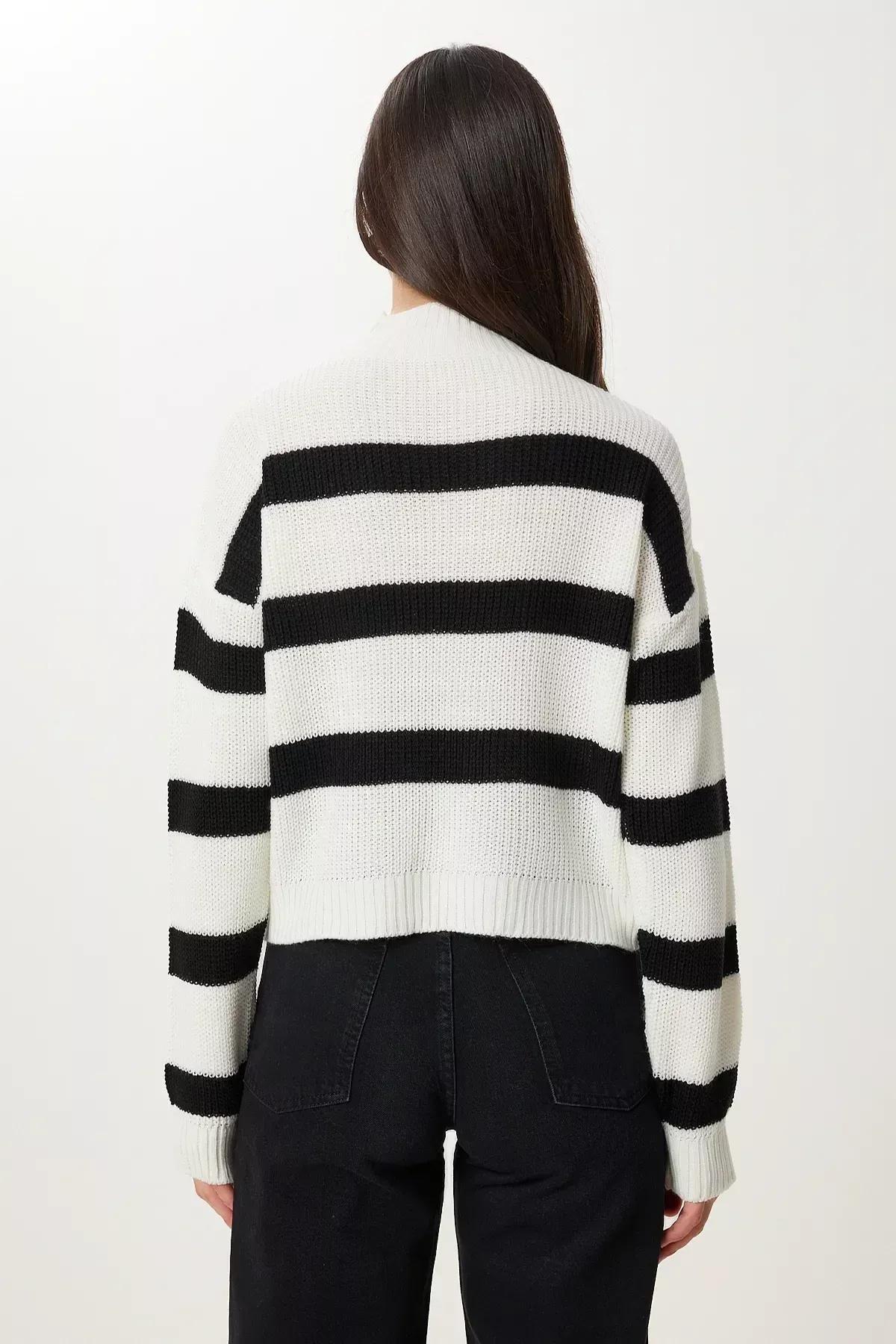 Ecru High Neck Striped Knitted Sweater, Ecru, large image number 4