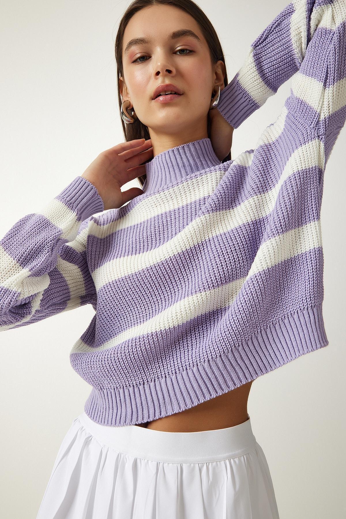 Purple High Neck Striped Knitted Sweater, Lilac, large image number 0