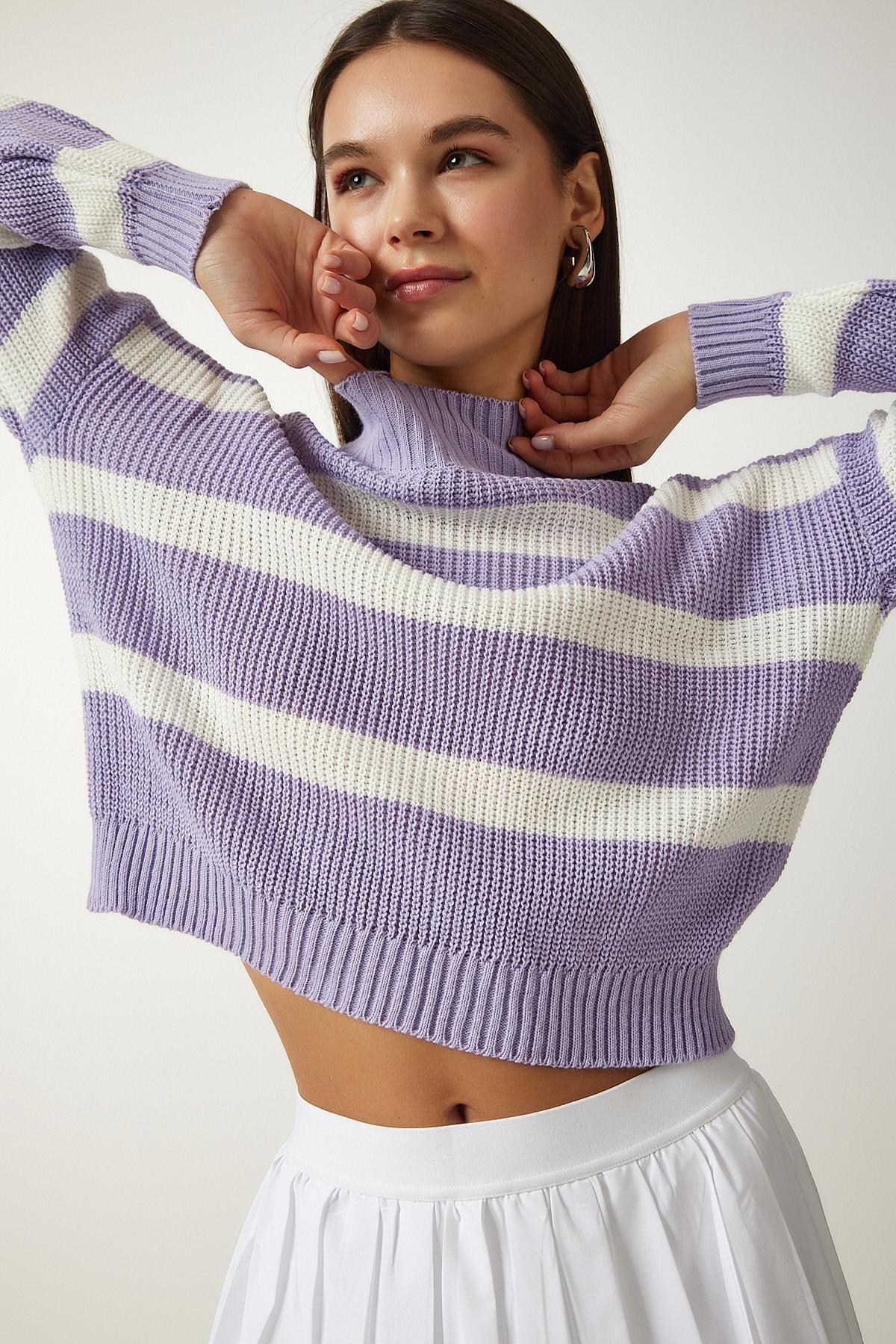 Purple High Neck Striped Knitted Sweater, Lilac, large image number 1