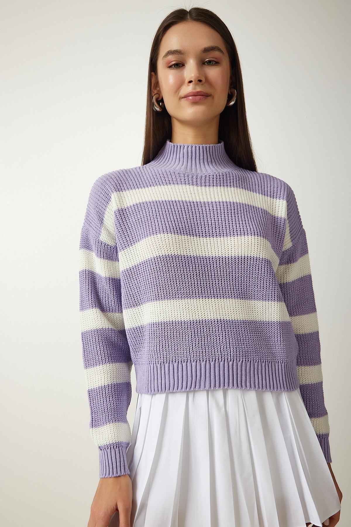 Purple High Neck Striped Knitted Sweater, Lilac, large image number 2