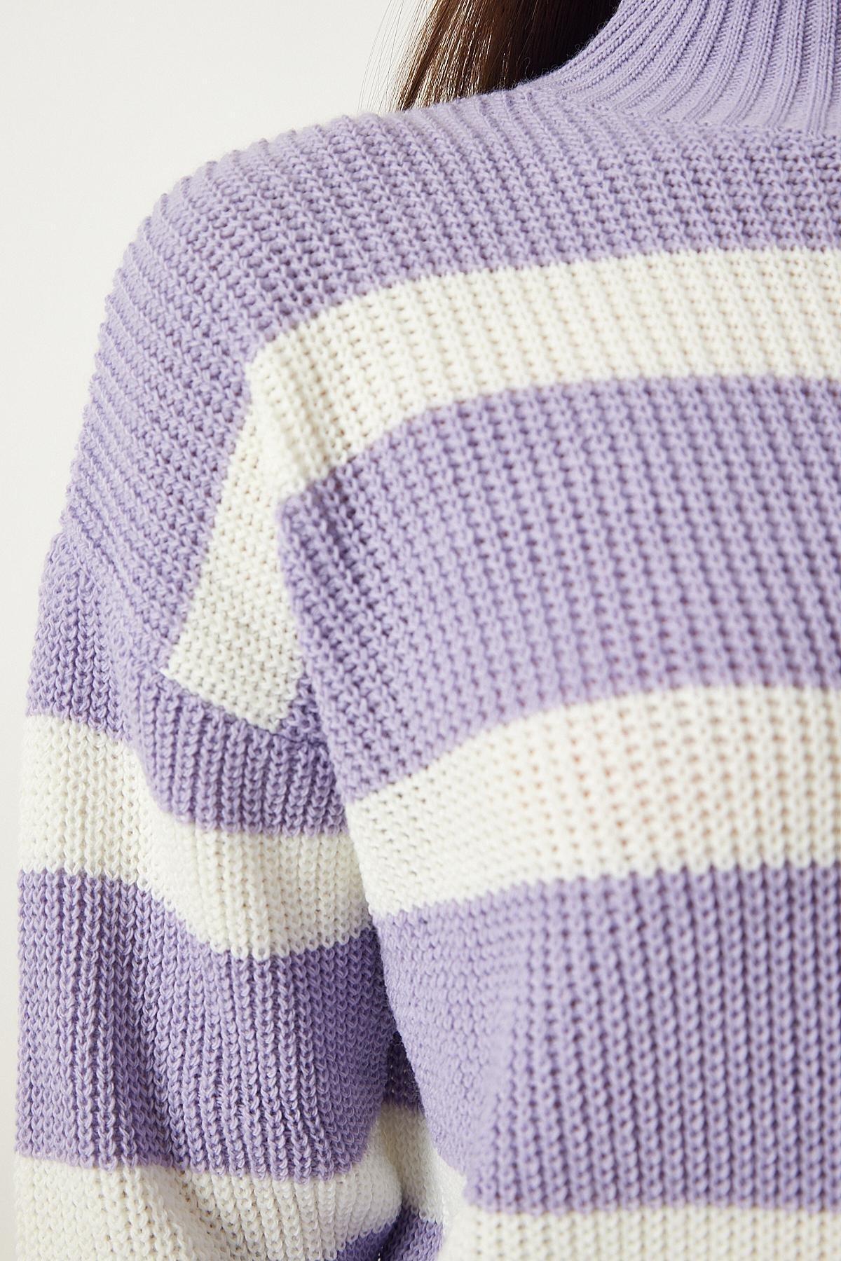 Purple High Neck Striped Knitted Sweater, Lilac, large image number 3