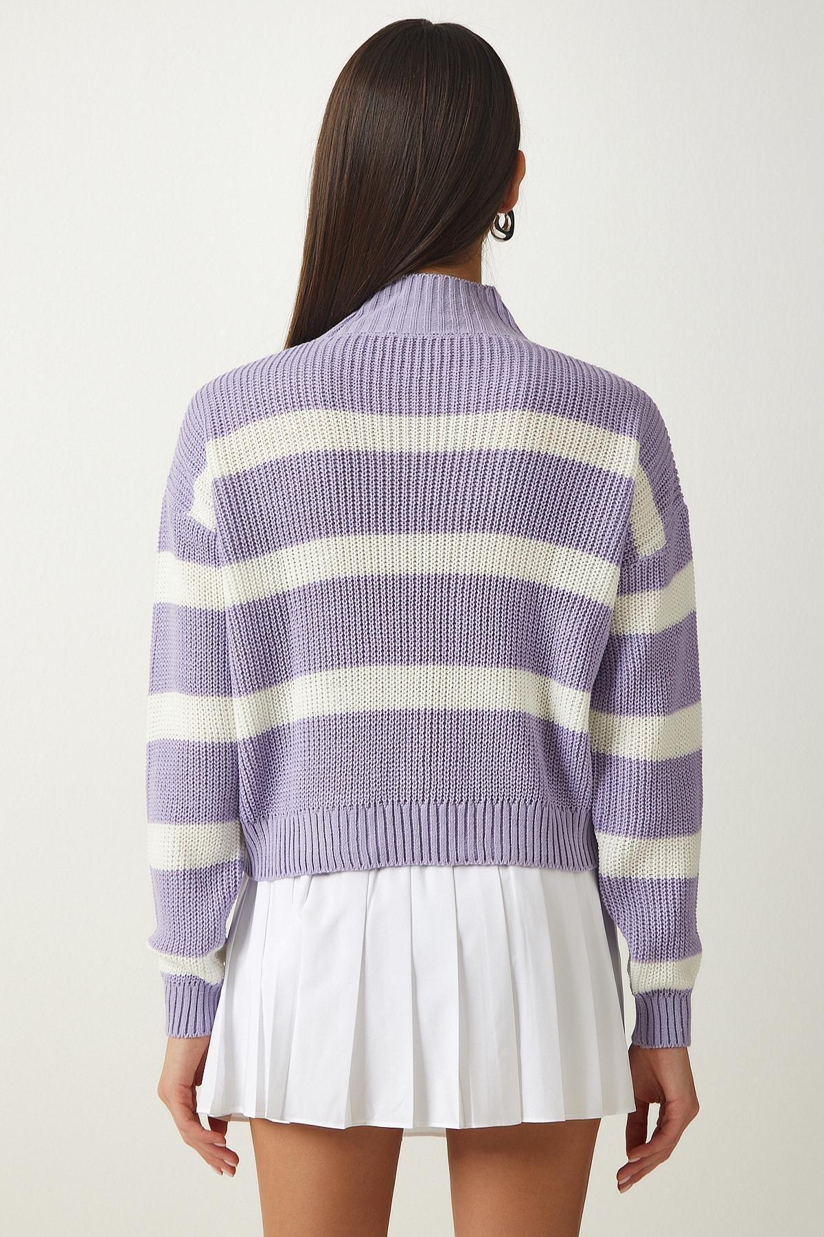 Purple High Neck Striped Knitted Sweater, Lilac, large image number 4