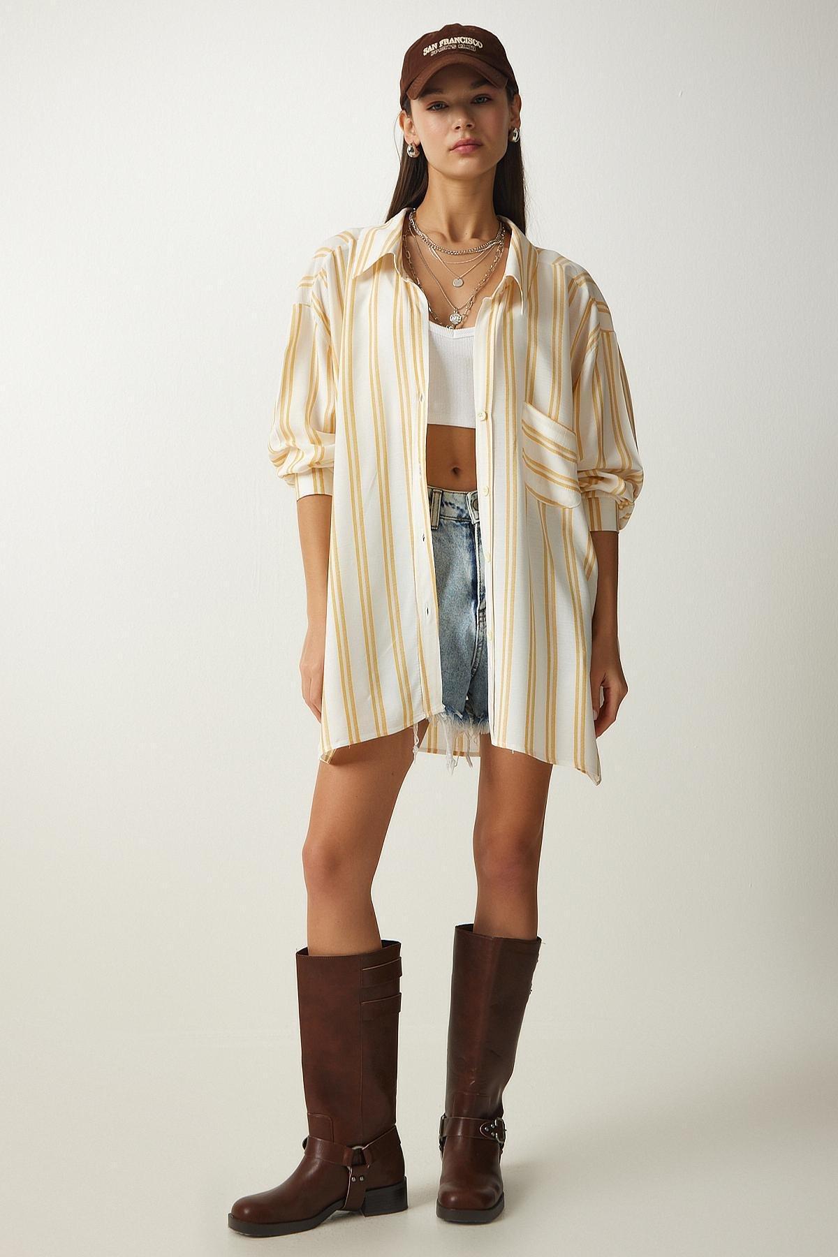 White Striped Oversized Viscose Shirt, , large image number 0