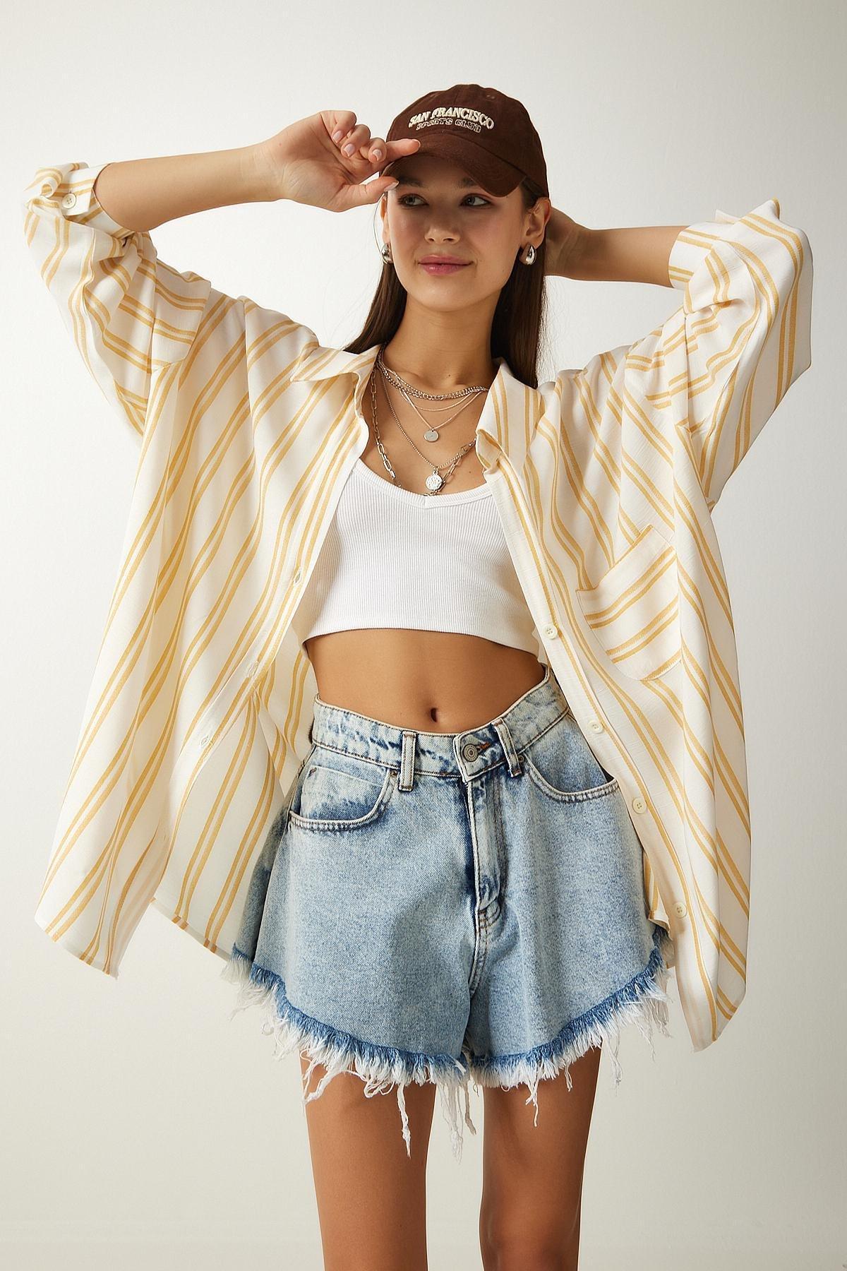 White Striped Oversized Viscose Shirt, , large image number 2