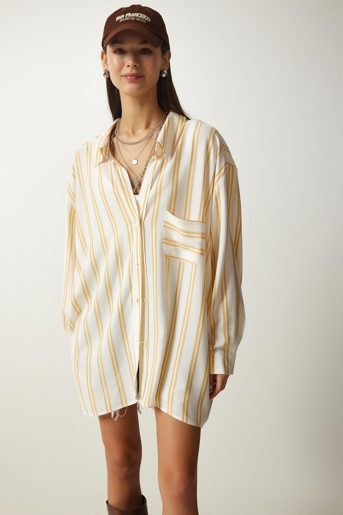 White Striped Oversized Viscose Shirt, , large image number 3