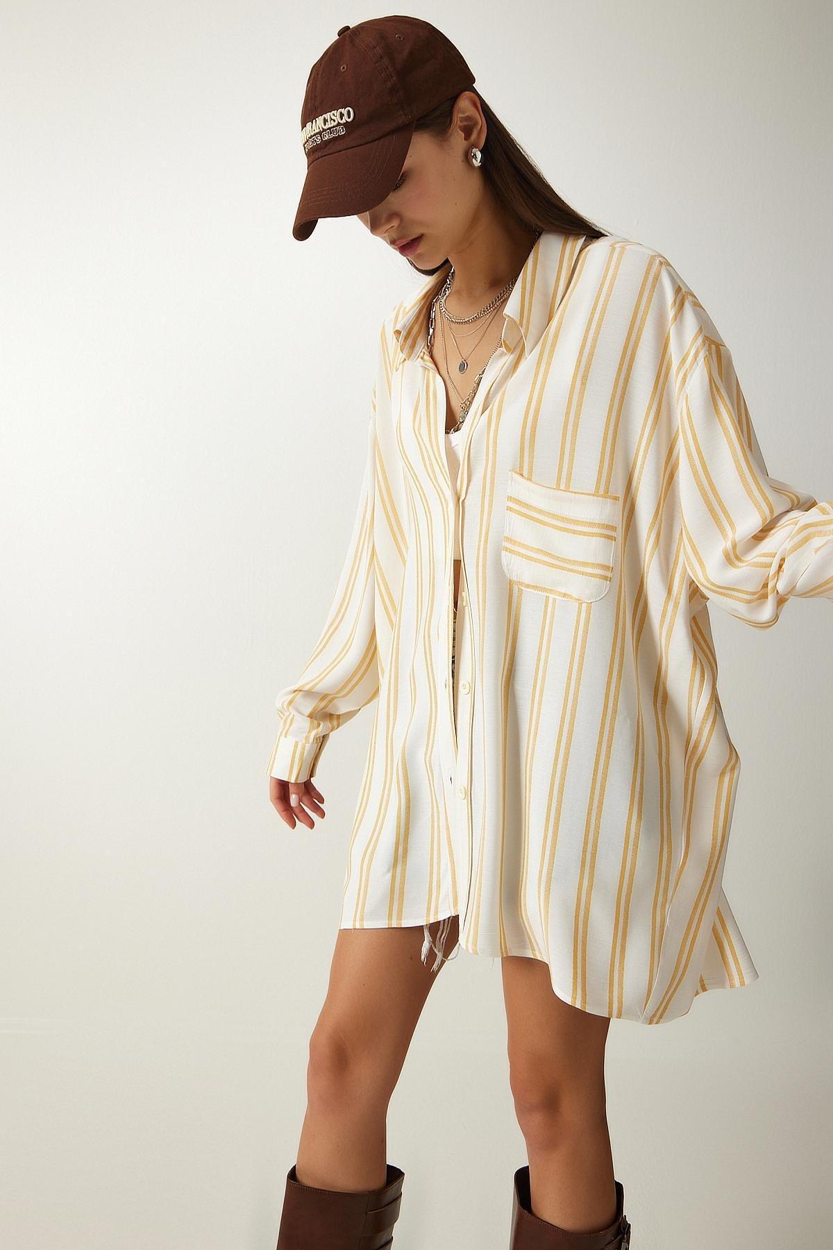 White Striped Oversized Viscose Shirt, , large image number 4