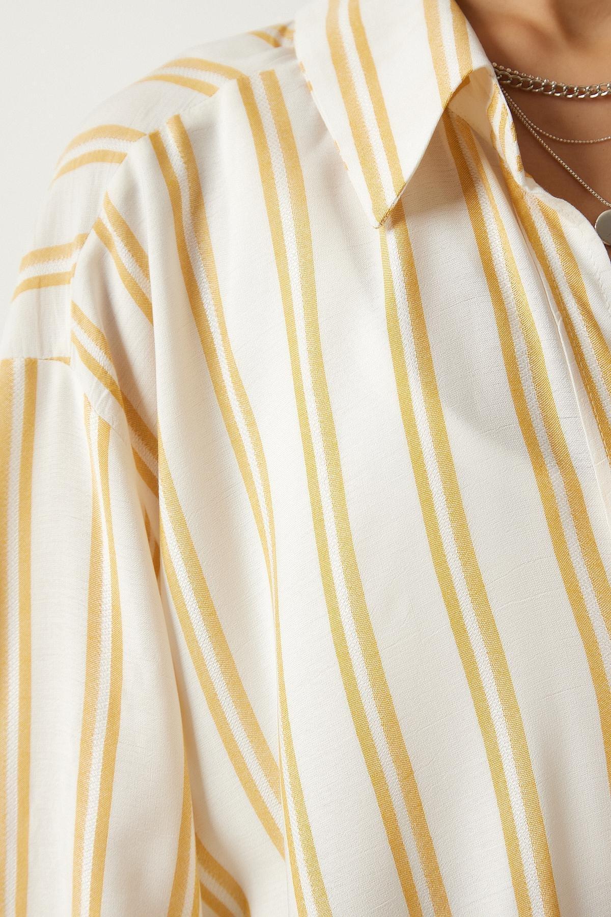 White Striped Oversized Viscose Shirt, , large image number 5