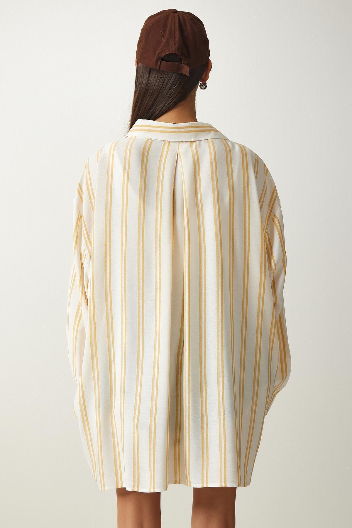 White Striped Oversized Viscose Shirt, , large image number 6