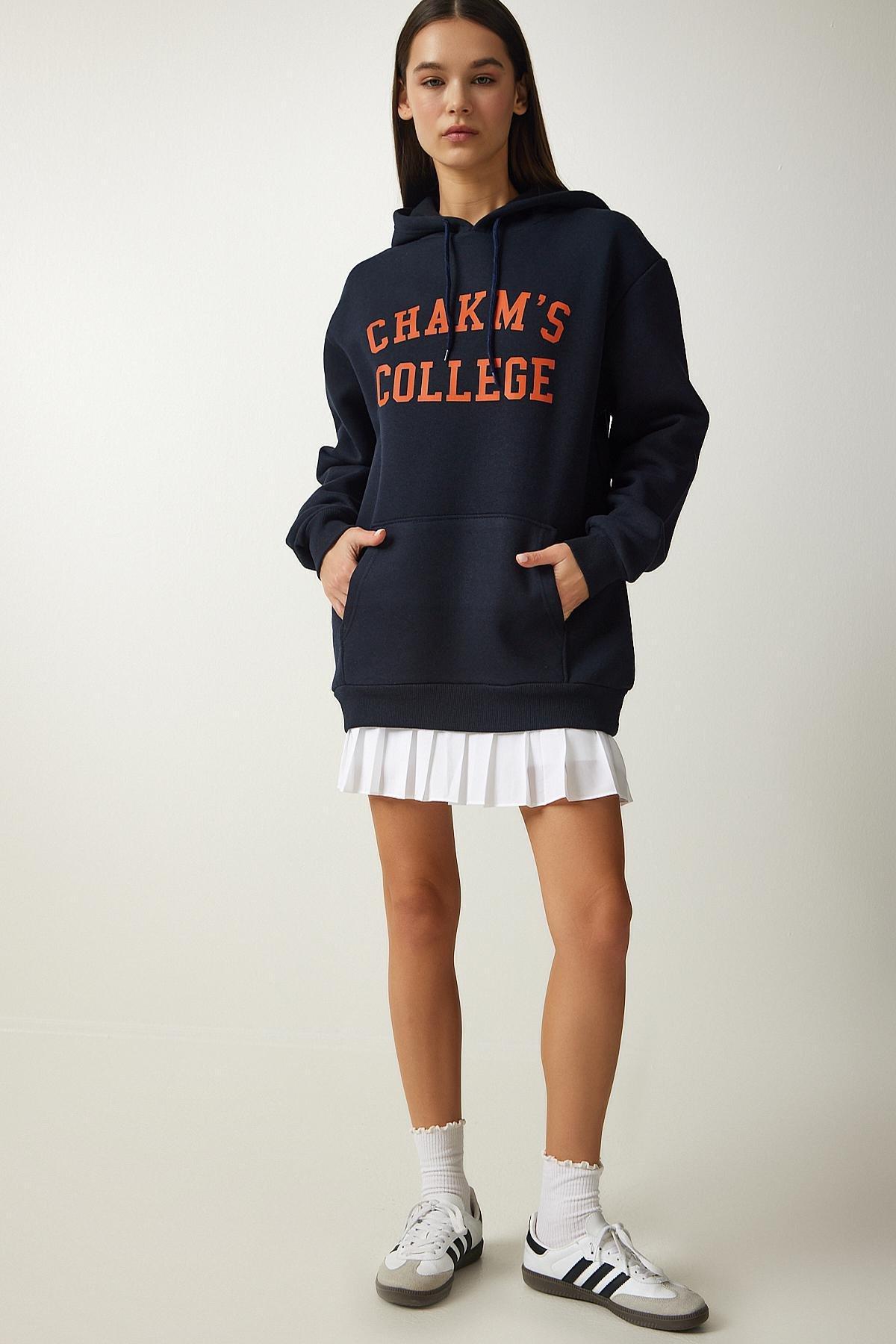 Navy Printed Hooded Sweatshirt, , large image number 0