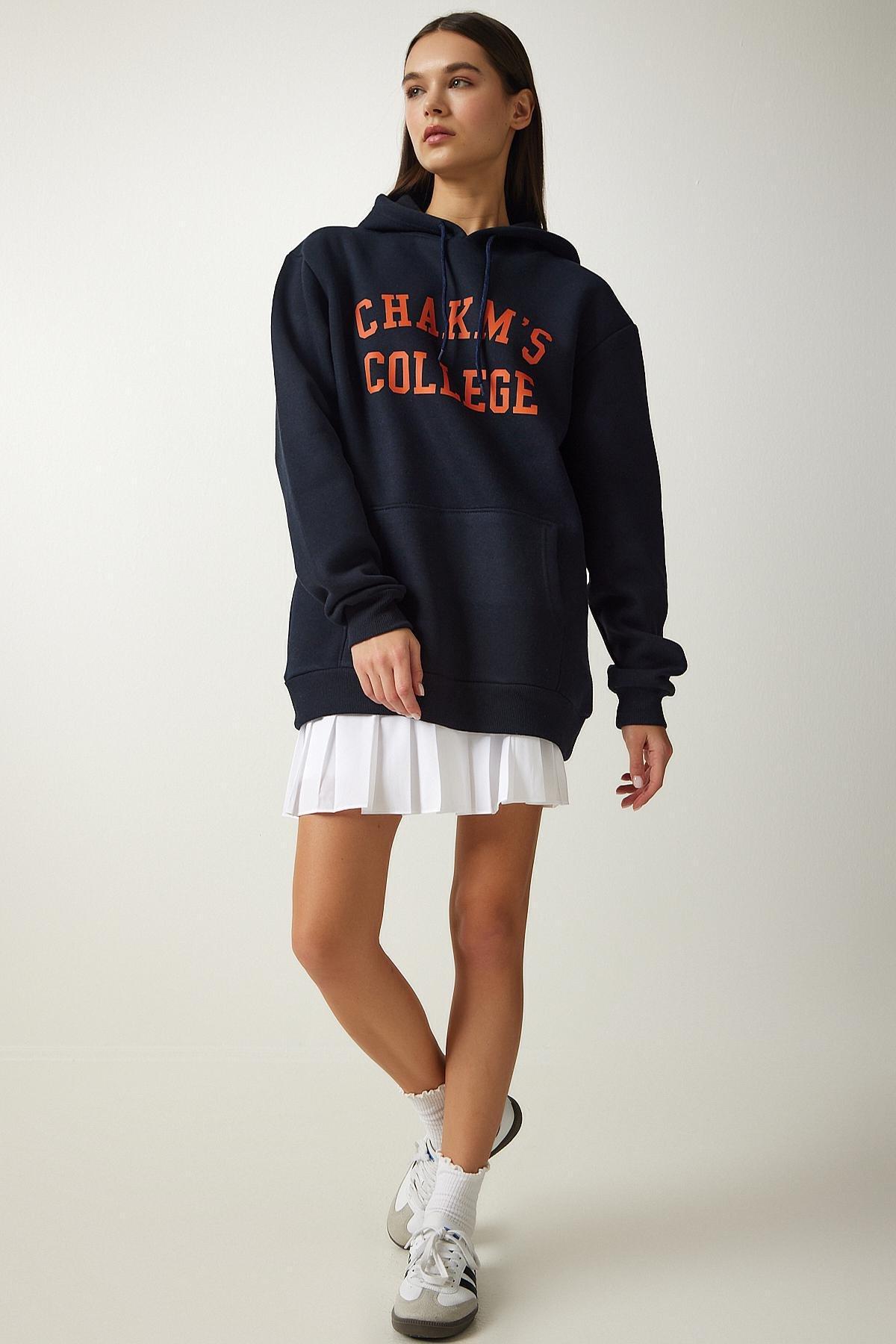 Navy Printed Hooded Sweatshirt, , large image number 1