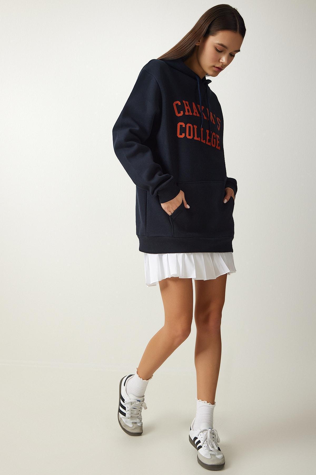 Navy Printed Hooded Sweatshirt, , large image number 2